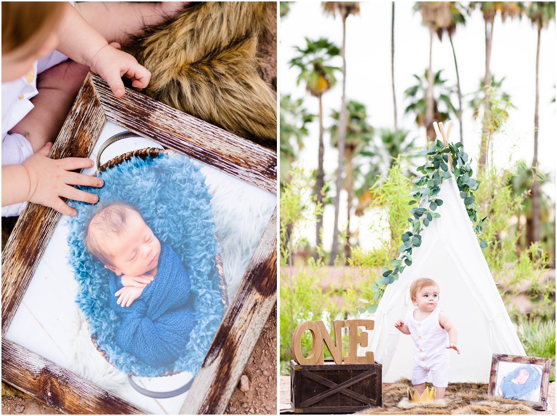 Left: Karysn holding a picture of his newborn picture, Right: Karsyn hanging out in his tent