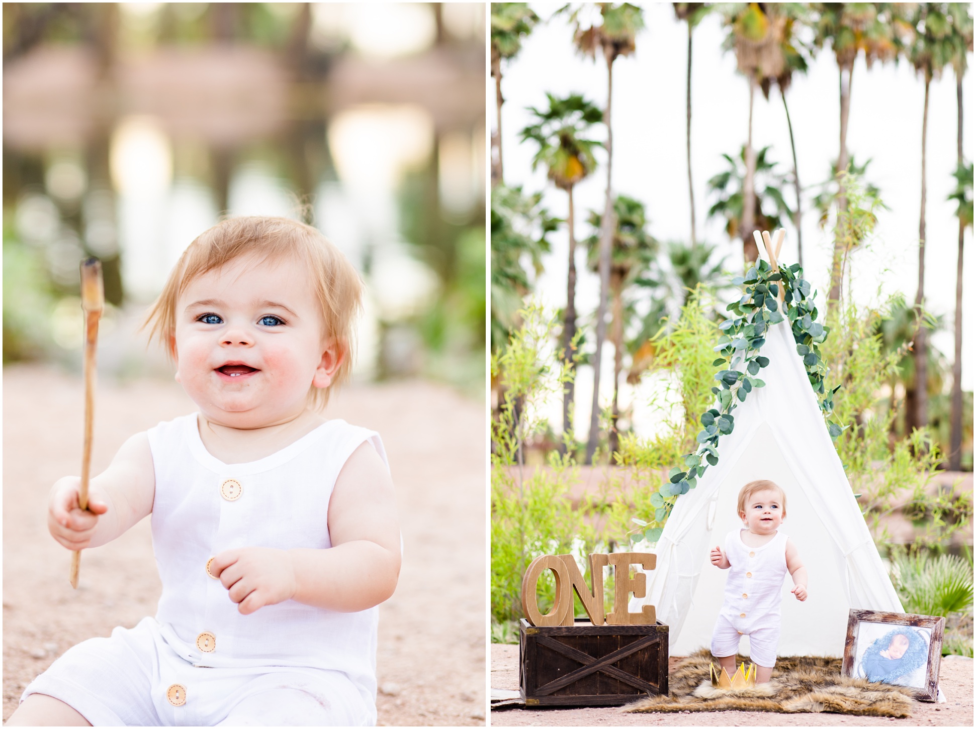 Left: Karsyn holding his favorite stick, Right: Karsyn with all of his one year old props