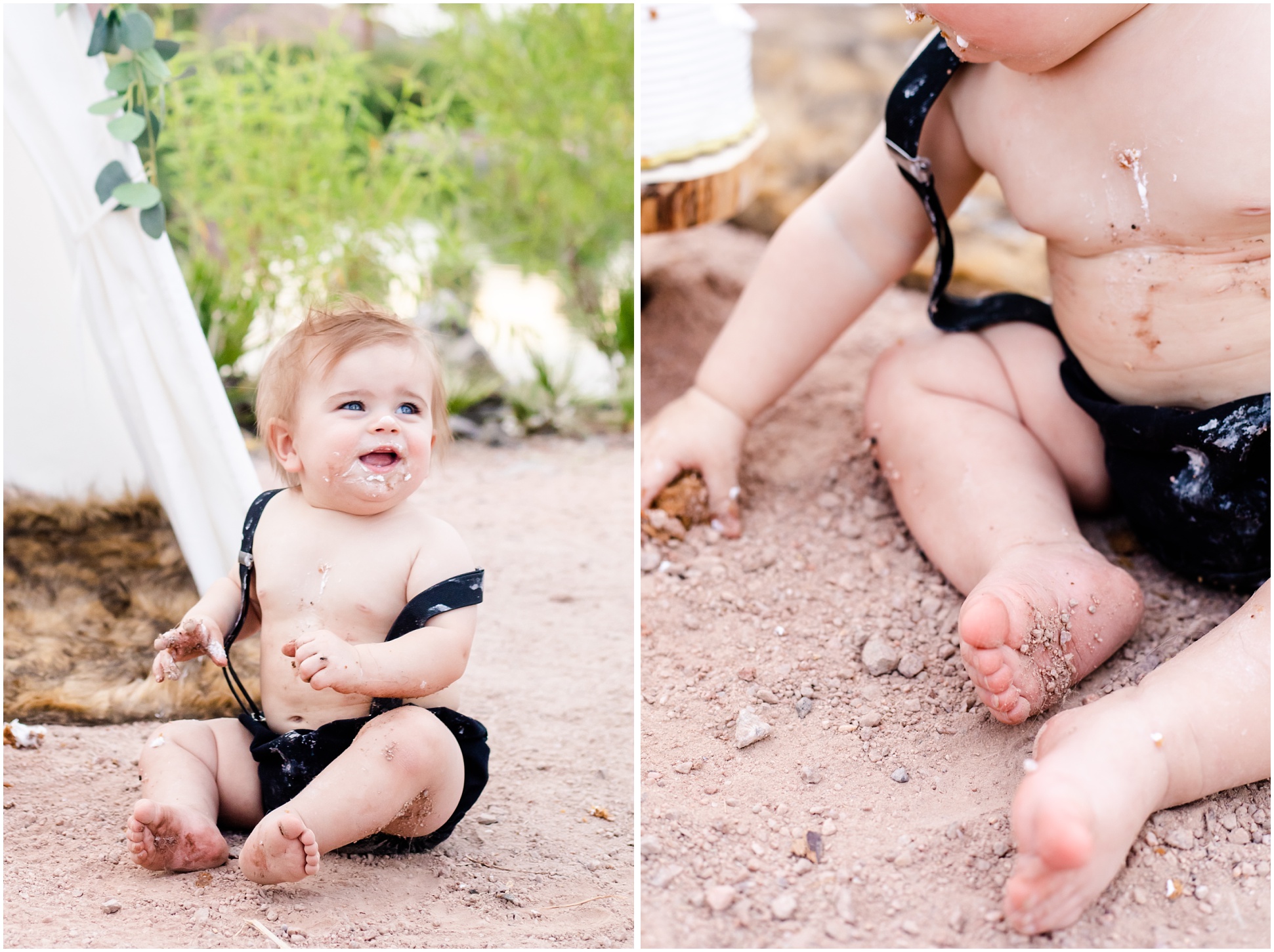 Left: Karsyn eating cake with suspenders one, Right: Karsyn playing in the dirt with his feet in focus