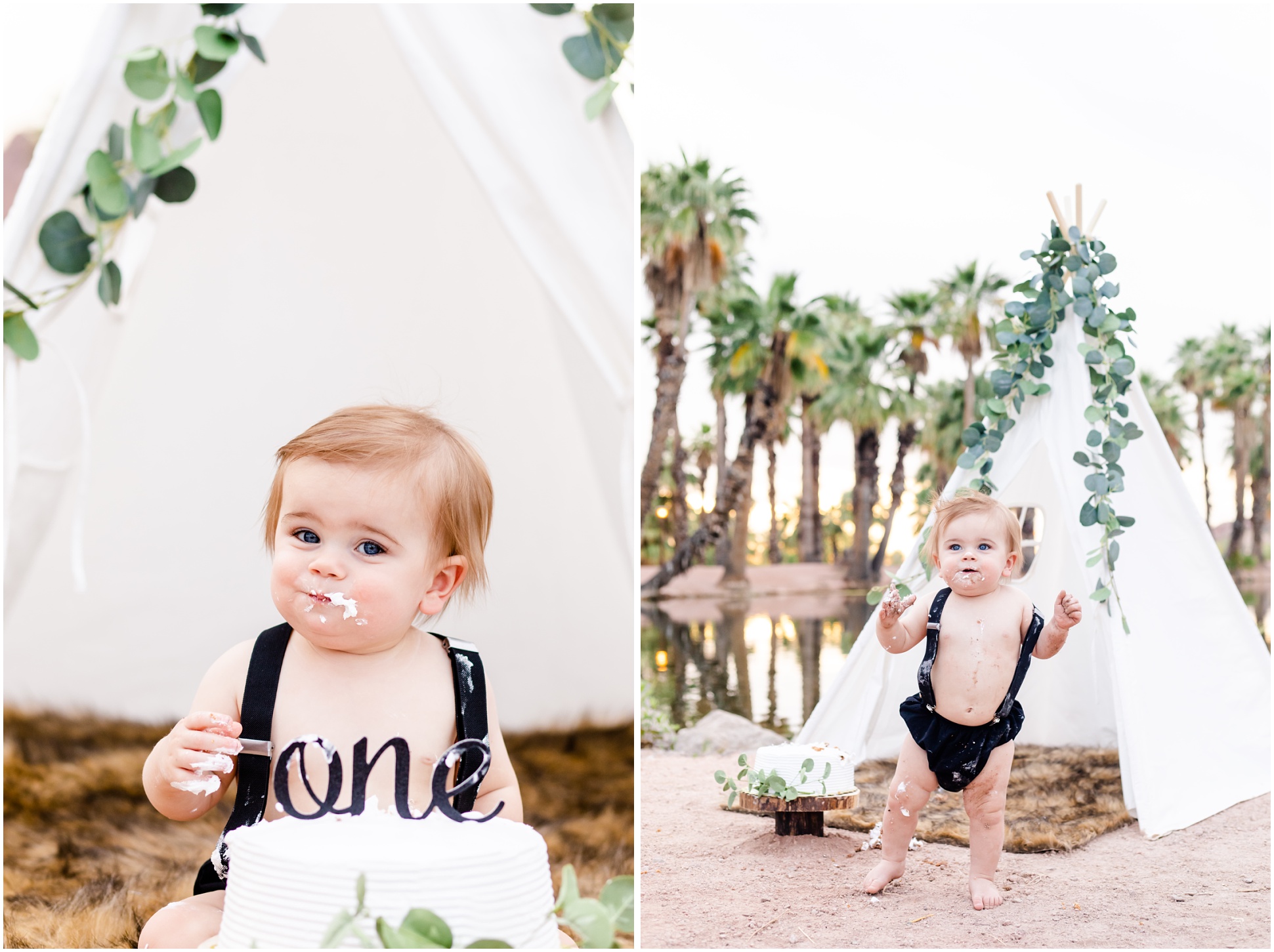 Left: Karsyn eating his first cake; Right: Karsyn covered in cake at Papago Park