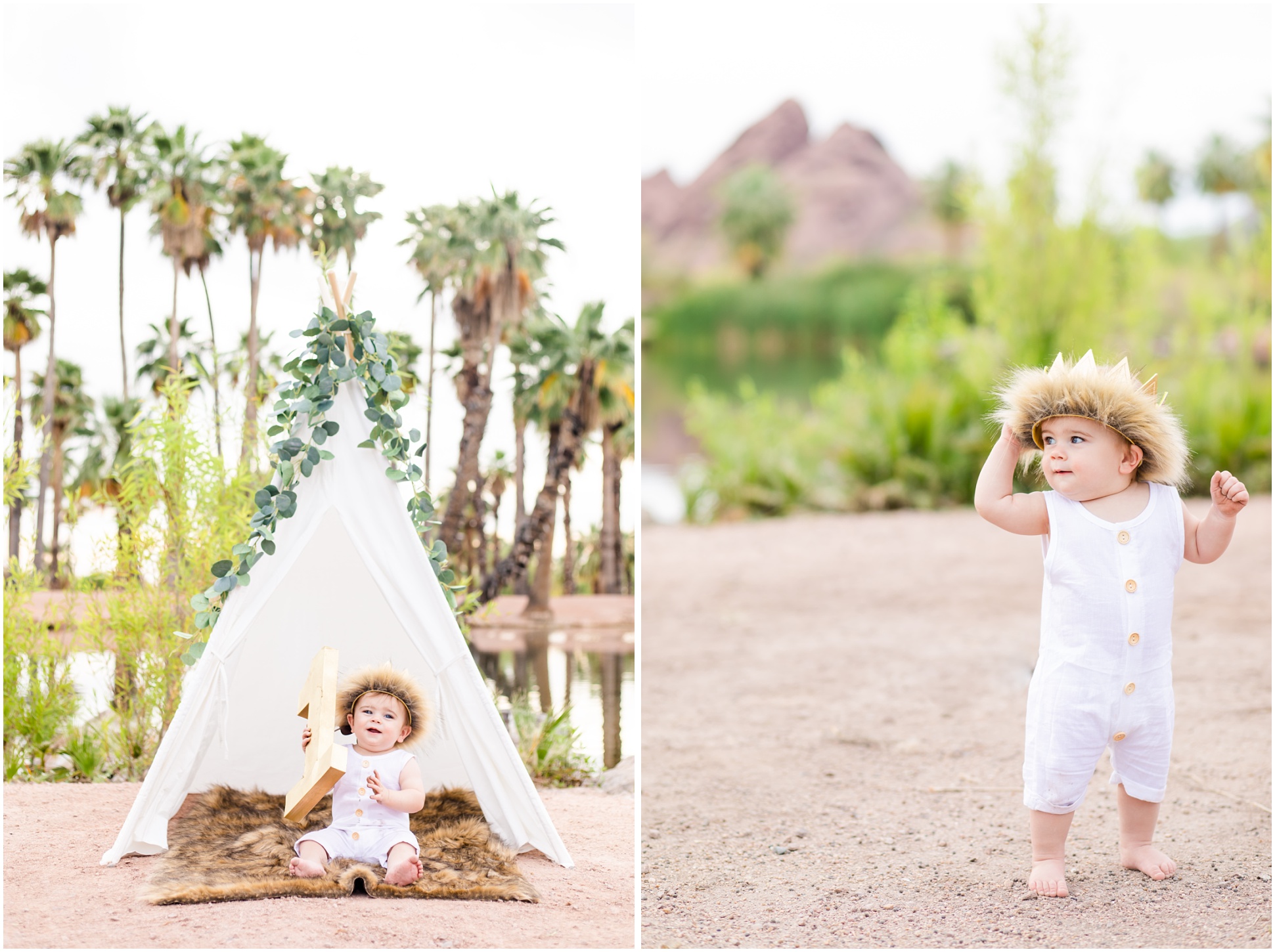 Left: Wild Things Theme First Birthday Photo; Right: Karsyn wearing his where the wild things are crown