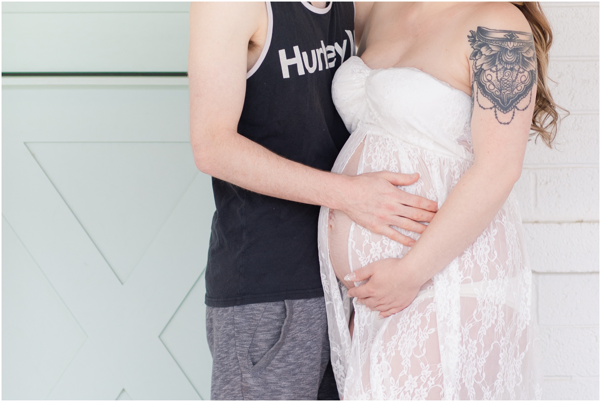 Baby Bump Under White Lace Maternity Dress