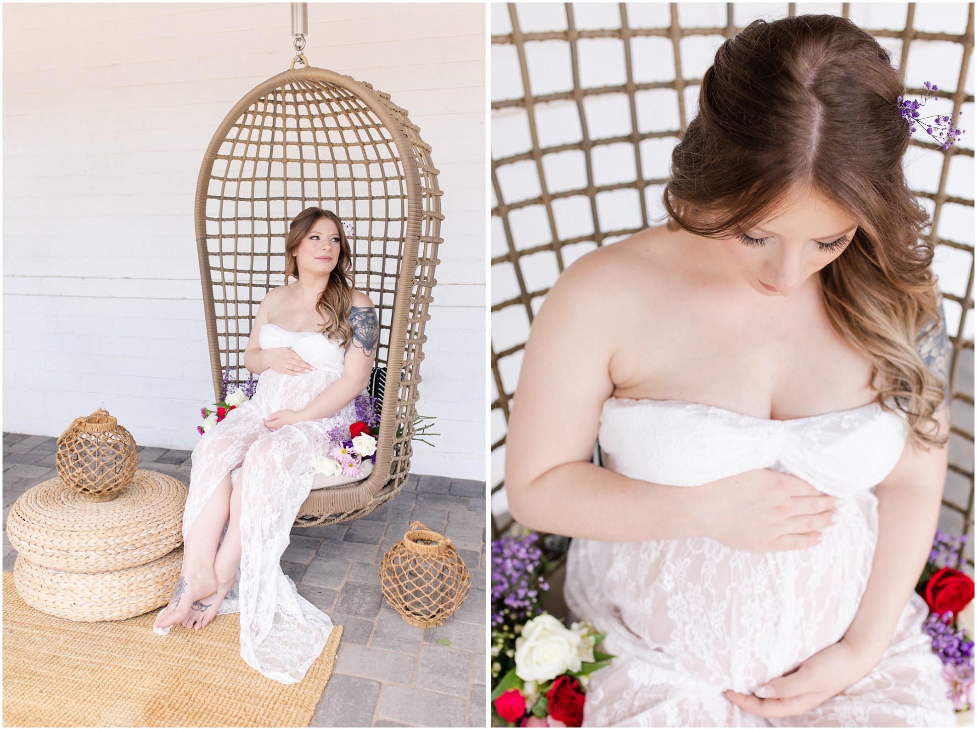 Two Images of Mom to Be Sitting with her Baby Bump in a Hanging Egg Chair