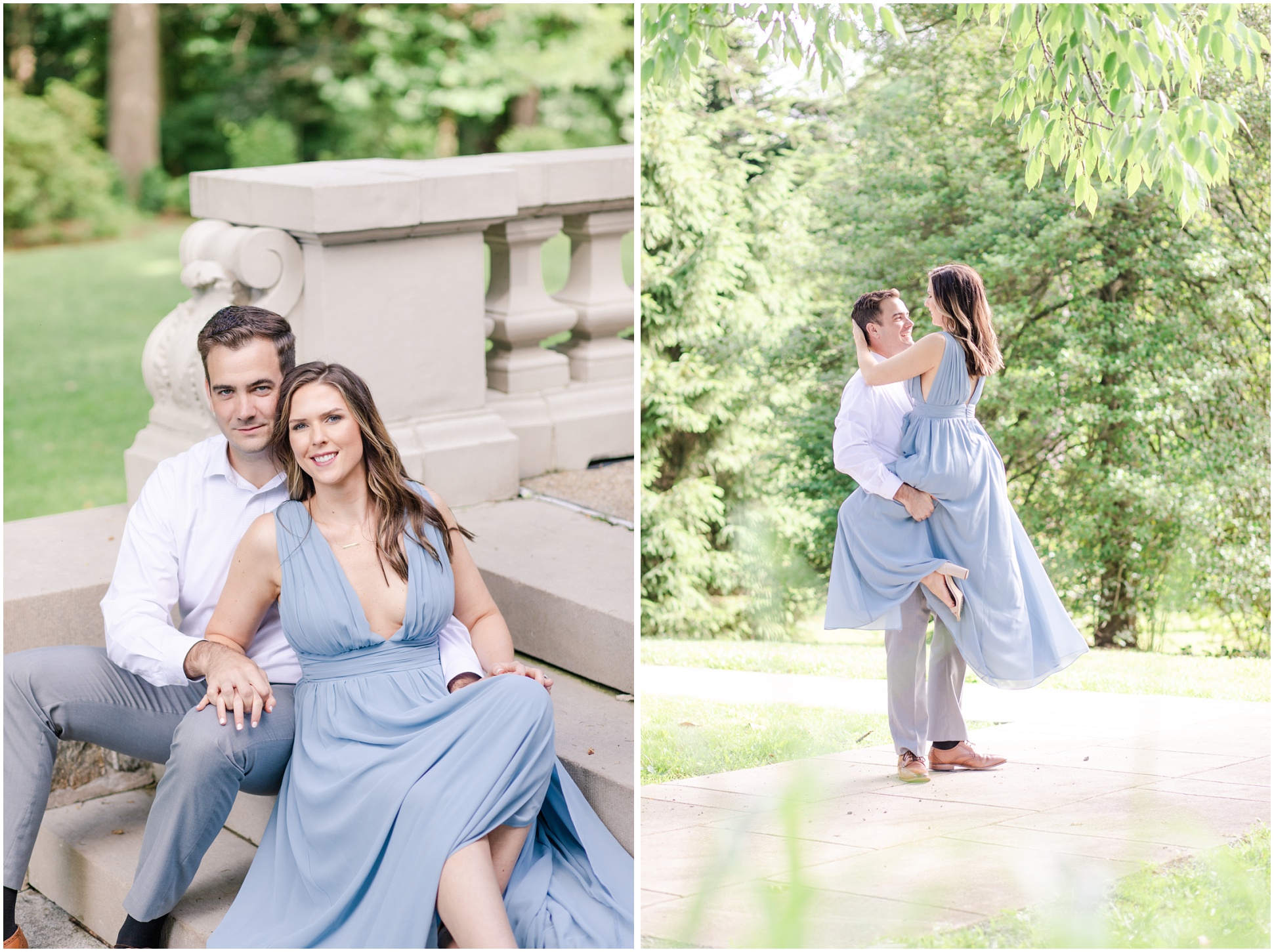 Left: Engagement Session of Angela and Jeff leaning on the stairs of the Liriodendron mansion, Right Image: Jeff holding Angela in his arms as her blue dress hangs and blows in the wind