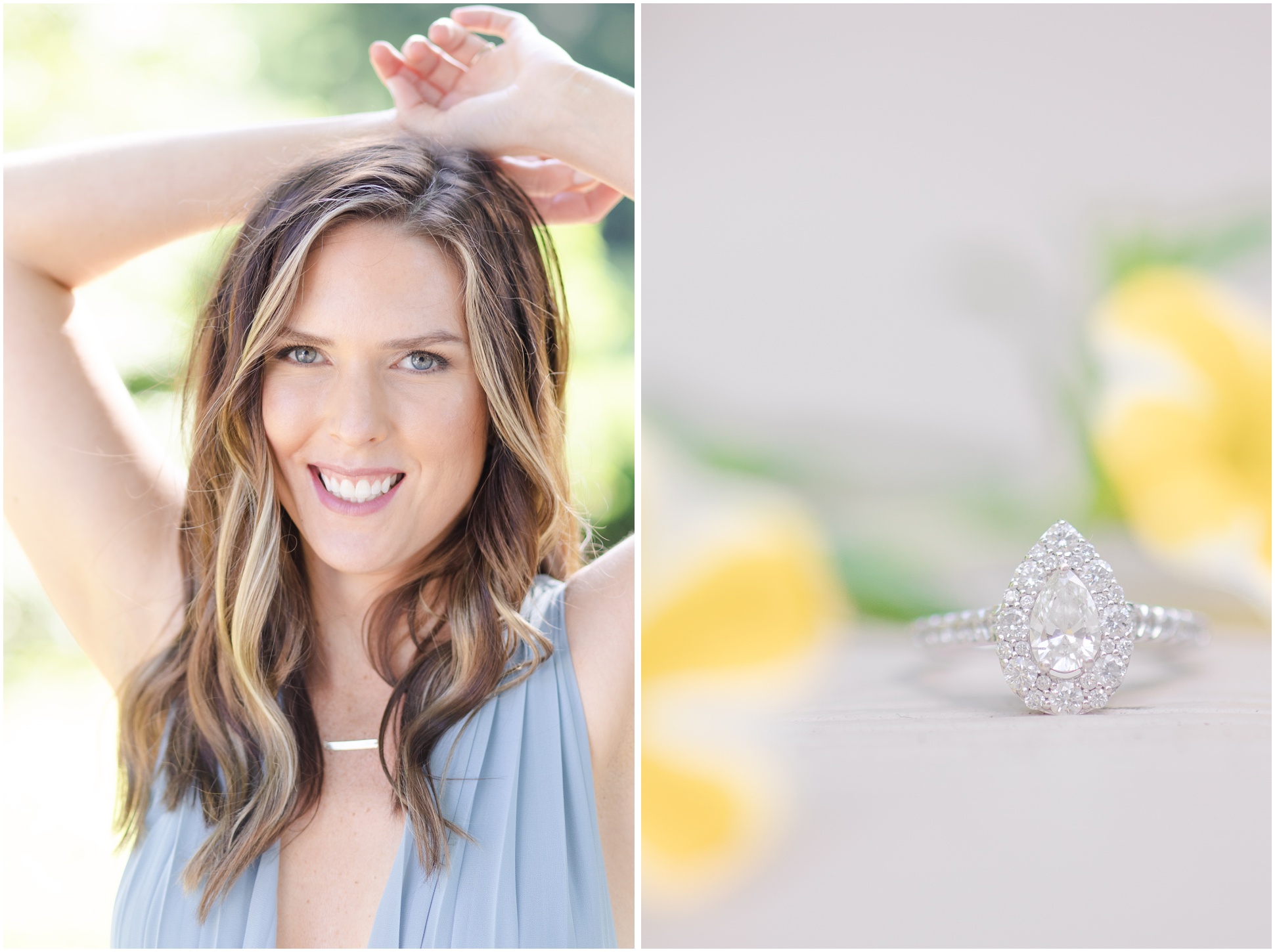 Left: A photograph of a woman smiling at the camera, wearing a baby blue chiffon dress with her hands ontop her head. Right: Teardrop shaped diamond engagement ring.