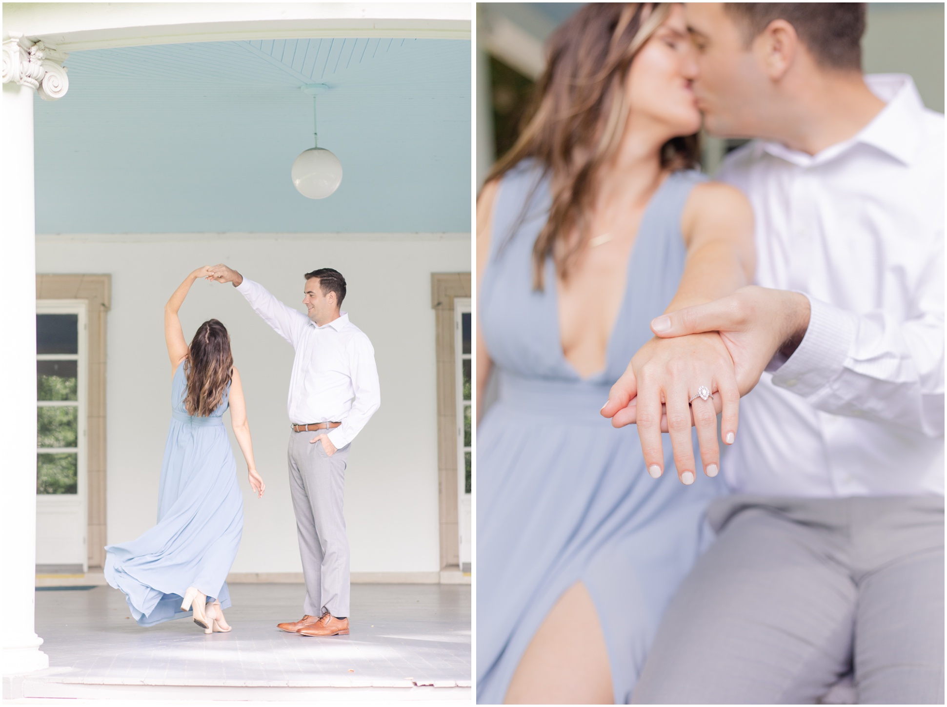 On the left, Angela and Jeff are dancing under the blue ceiling and on the right, they are kissing as they showcase Angela's engagement ring