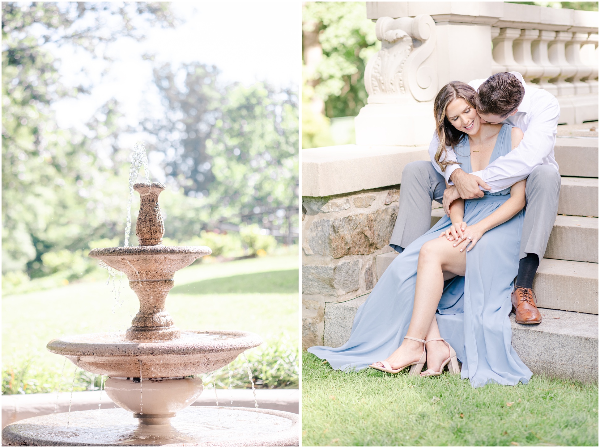 Left: The fountain at the Liriodendron Mansion, Right Image: Angela and Jeff on the steps