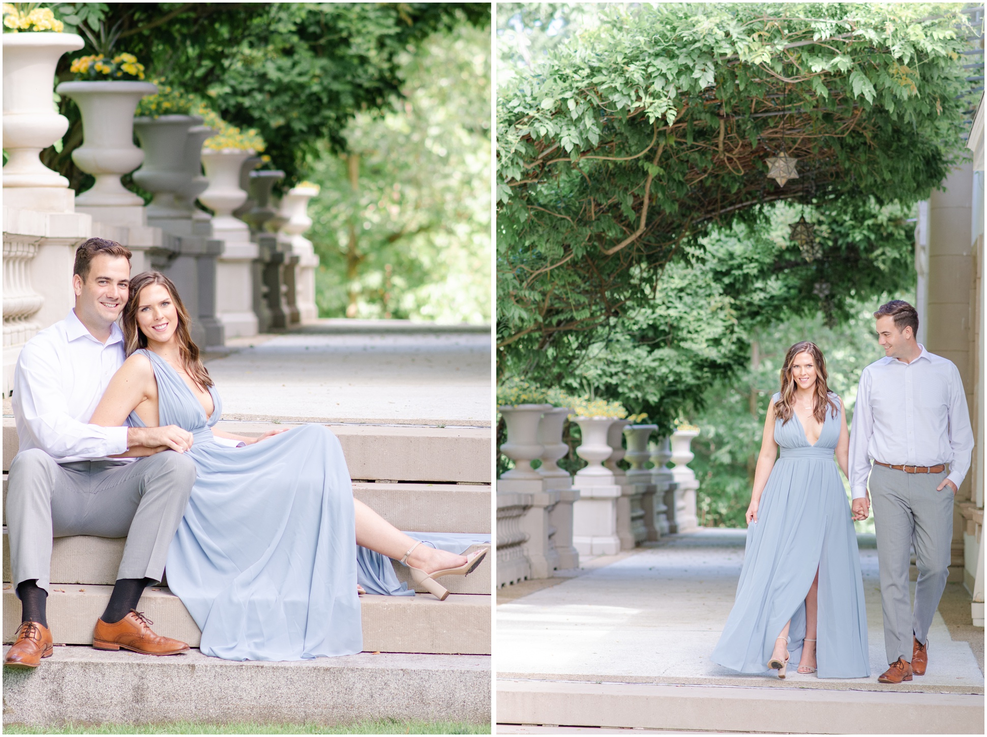 Two Images of Angela and Jeff on the stairs of the mansion. Angela wearing a baby blue dress.