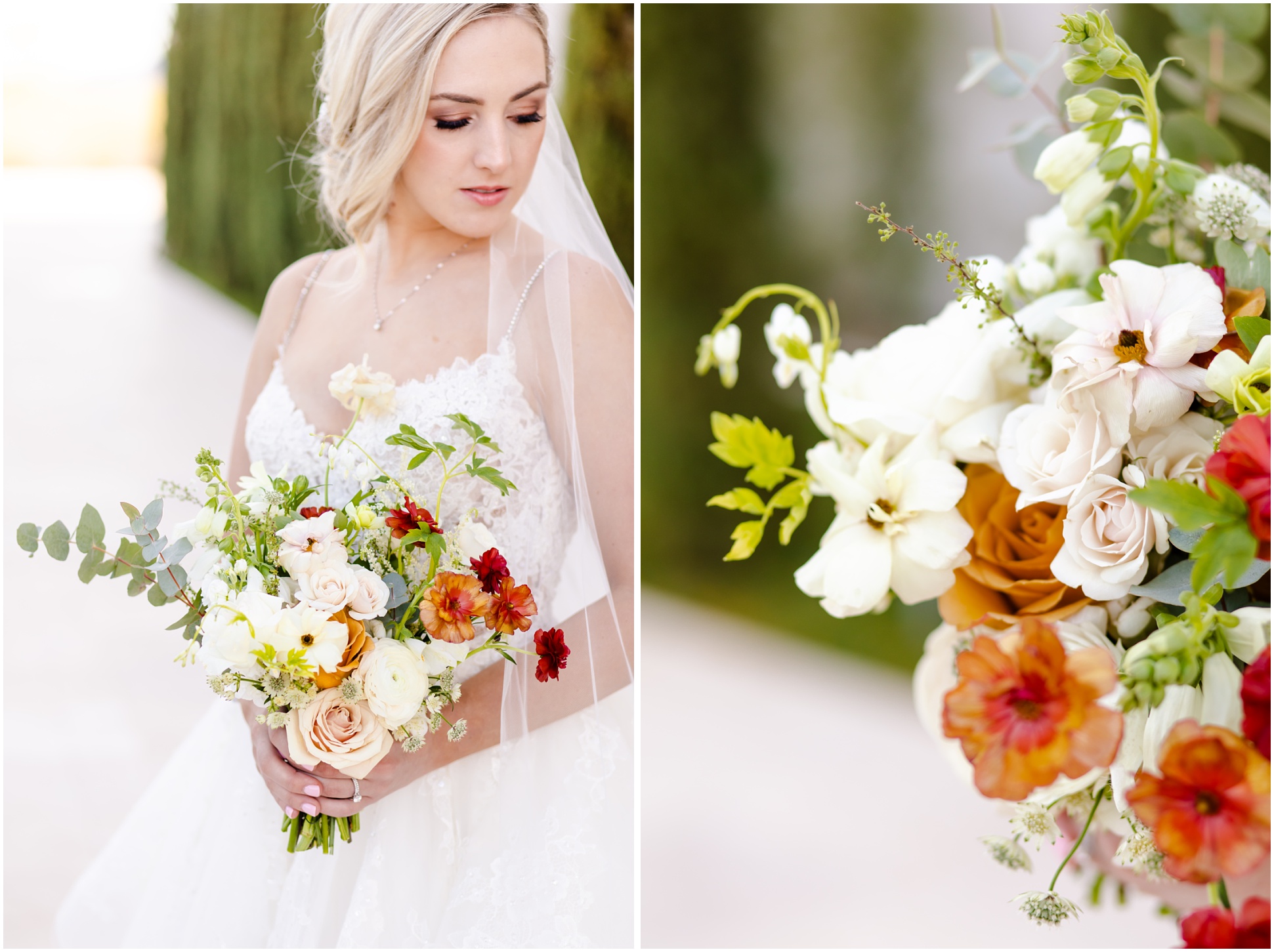 Left photo Brooklyn looking at ground holding Wild Flower AZ flowers in Enzoani Gown at Chateau Luxe; right photo champagne, red, and sage flowers at Chateau Luxe