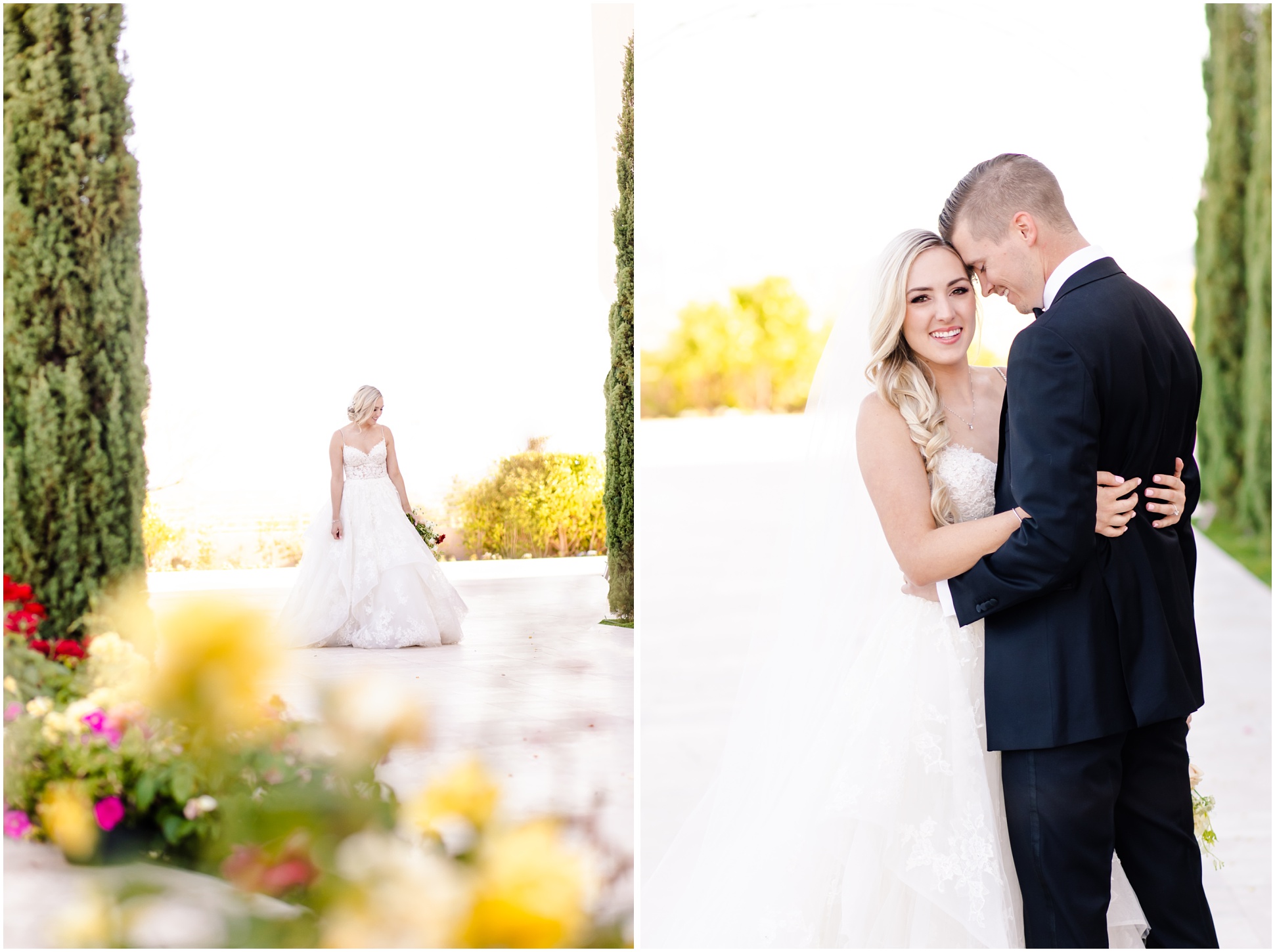 Left photo Brooklyn twirling Enzoani Gown from distance at Chateau Luxe; Right photo Brooklyn and Danny hugging and touching foreheads with Brooklyn looking at camera at Chateau Luxe