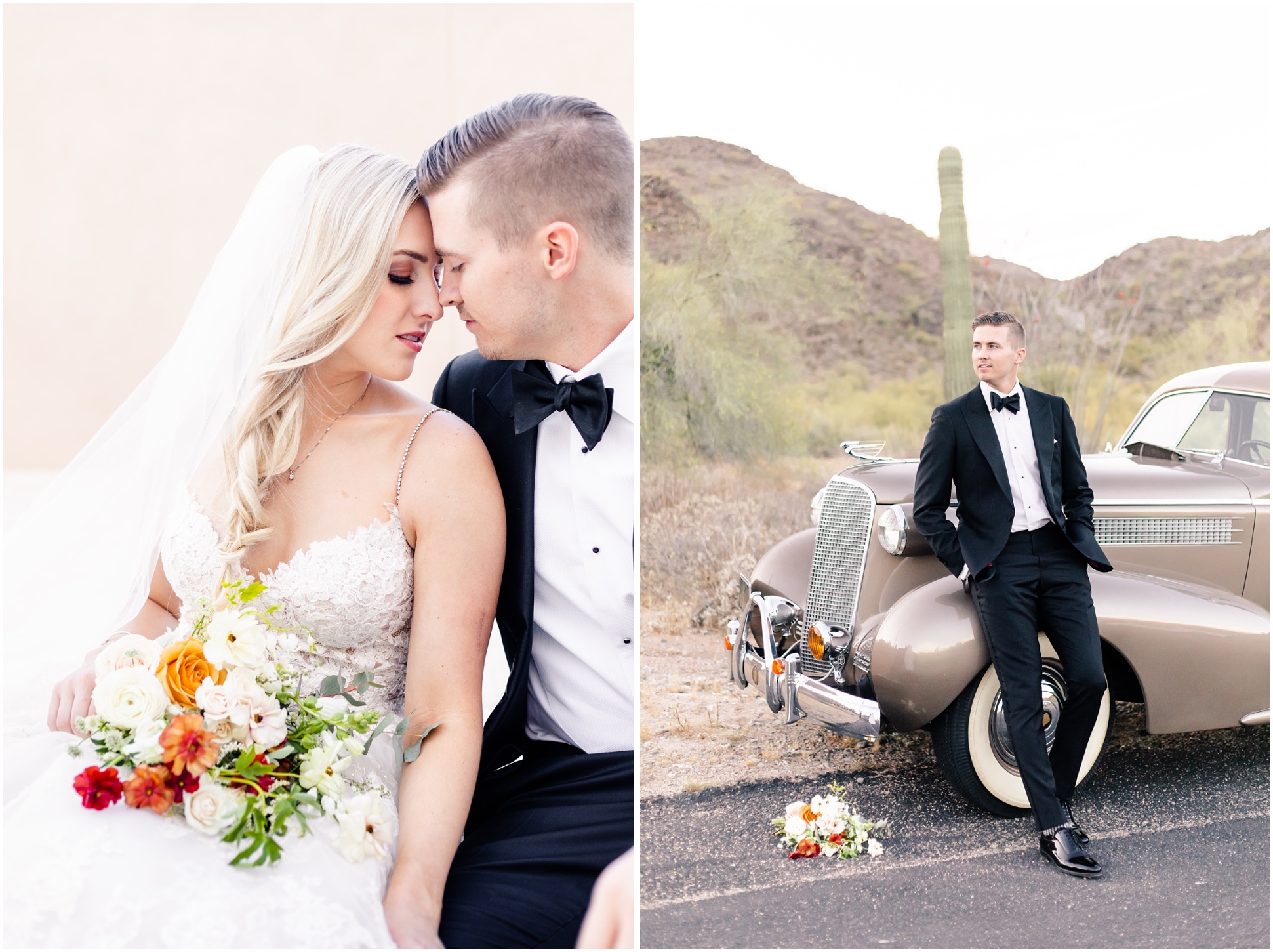 Left Photo Danny and Brooklyn touching foreheads while Brooklyn hold Wild Flower AZ flowers at North Mountain Park; Right Photo Danny leaning against front of 1937 Cadillac in black tux