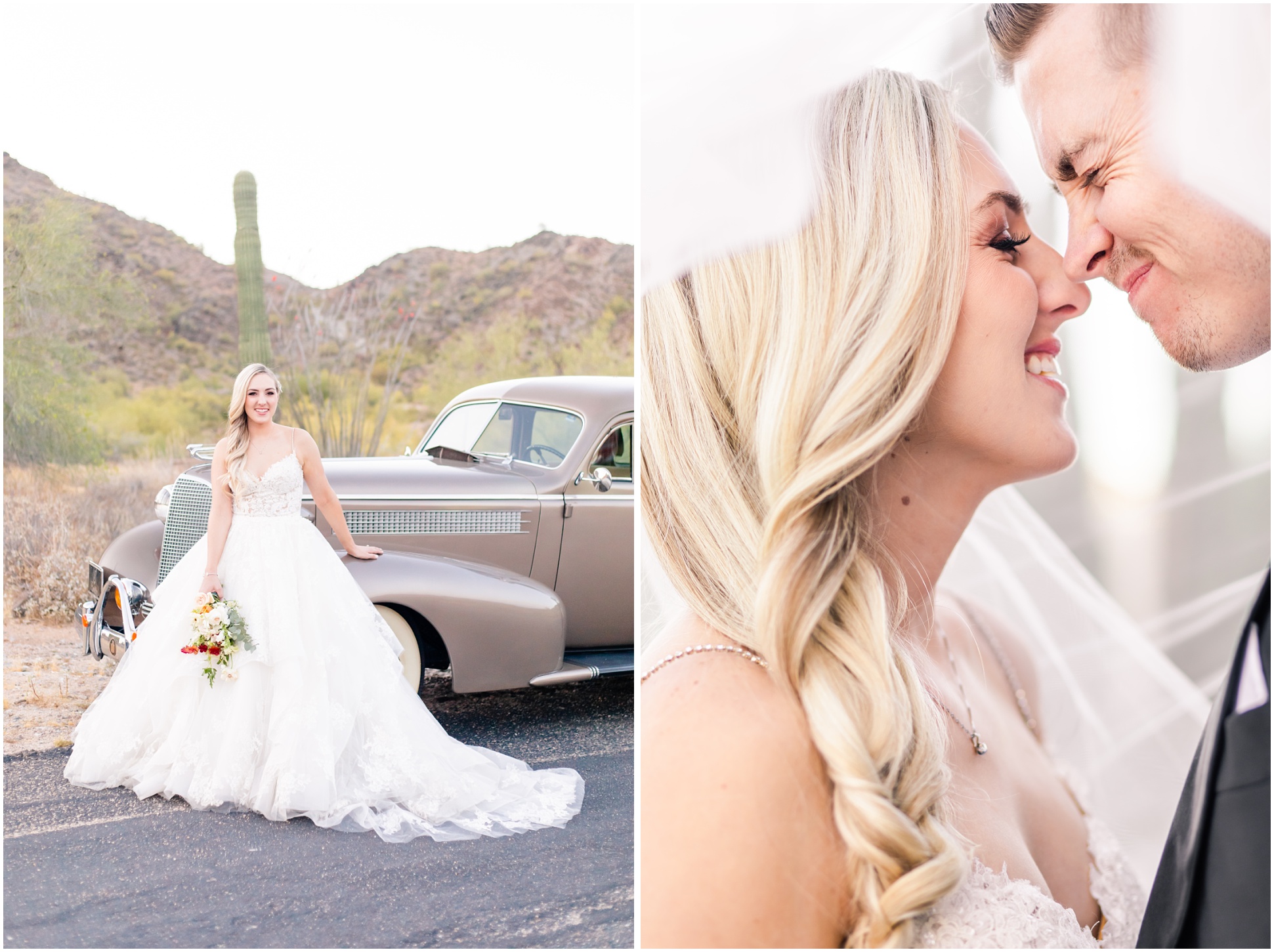 Left photo Brooklyn walking in Enzoani Gown in front of 1937 Cadillac; right photo Brooklyn and Danny eskimo kissing under vail