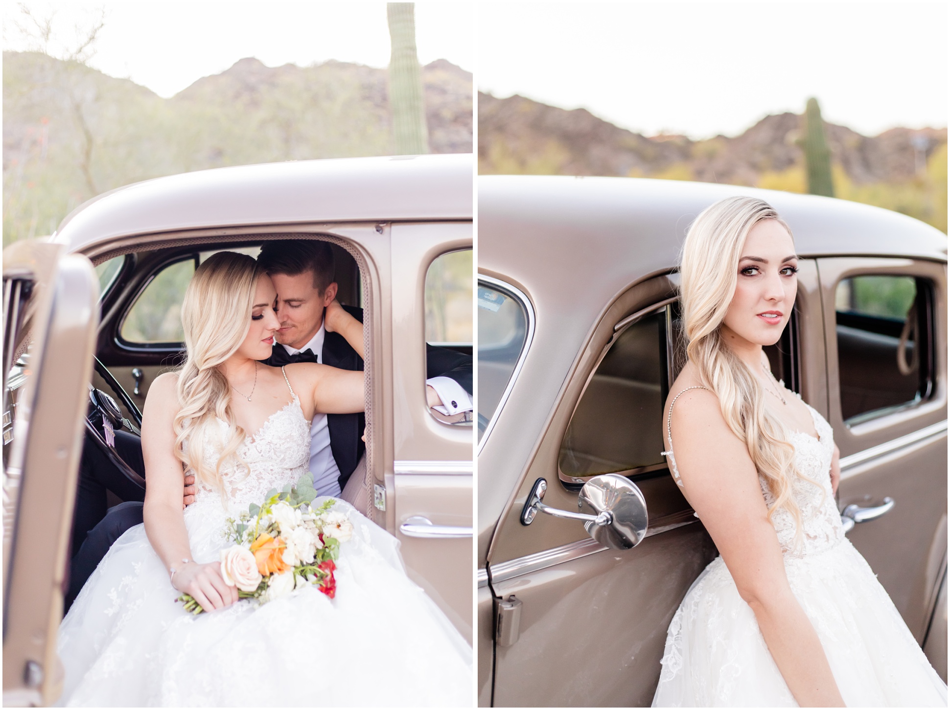 Left photo Danny and Brooklyn snuggling in drivers seat of 1937 Cadillac shot from side of car; right photo Brooklyn leaning against 1937 Cadillac in Enzoani Gown