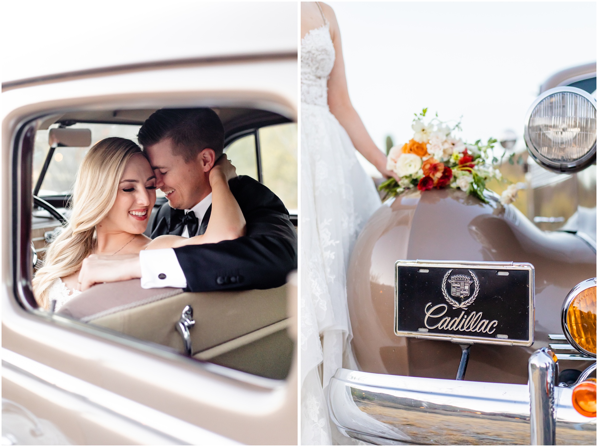 Left photo Danny snuggling Brooklyn from behind in front seat shot through back window; right photo Brooklyn in Enzoani Gown resting champagne, red, sage flowers on 1937 Cadillac 