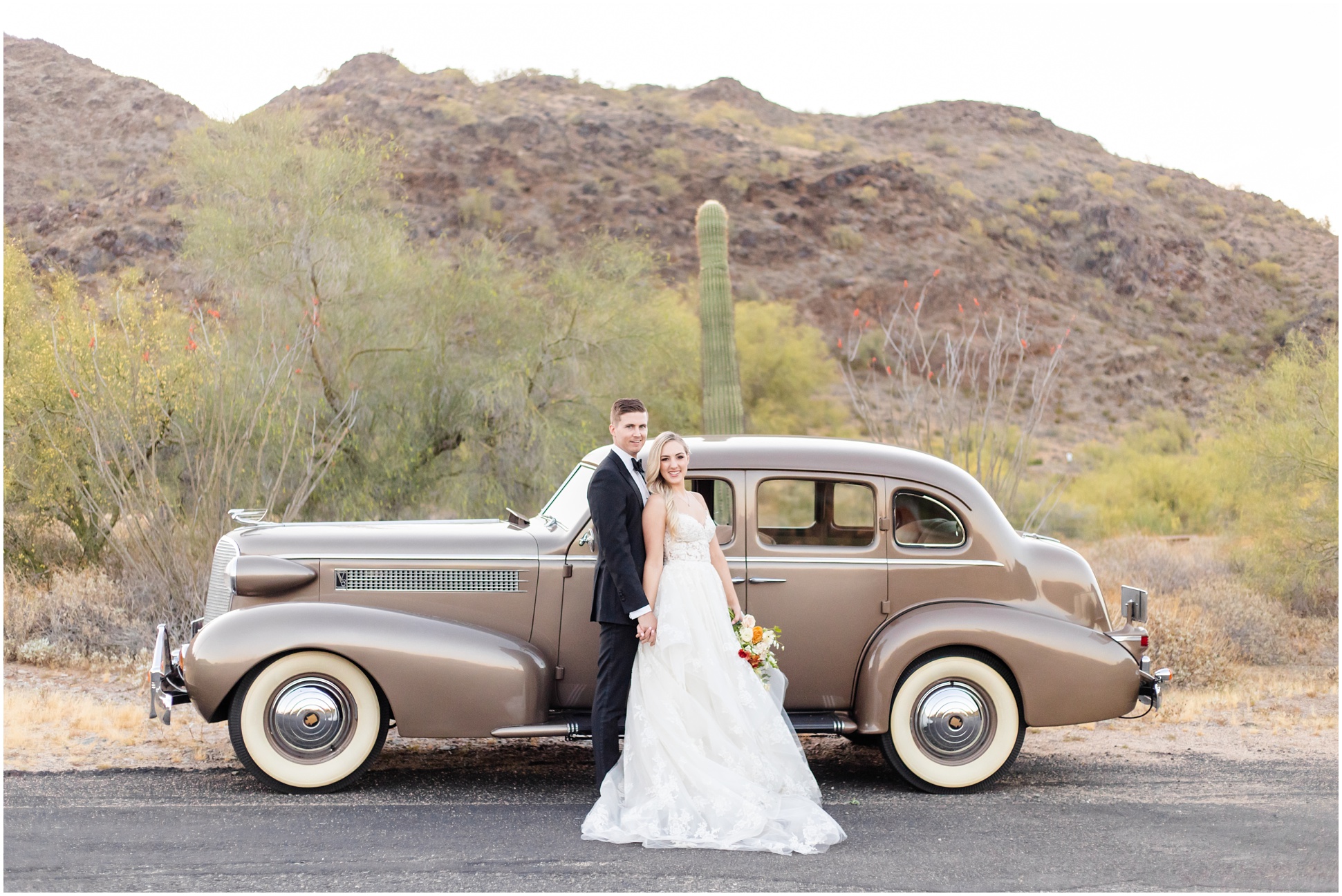 Danny and Brooklyn prom posing in front of 1937 Cadillac at North Mountain Park