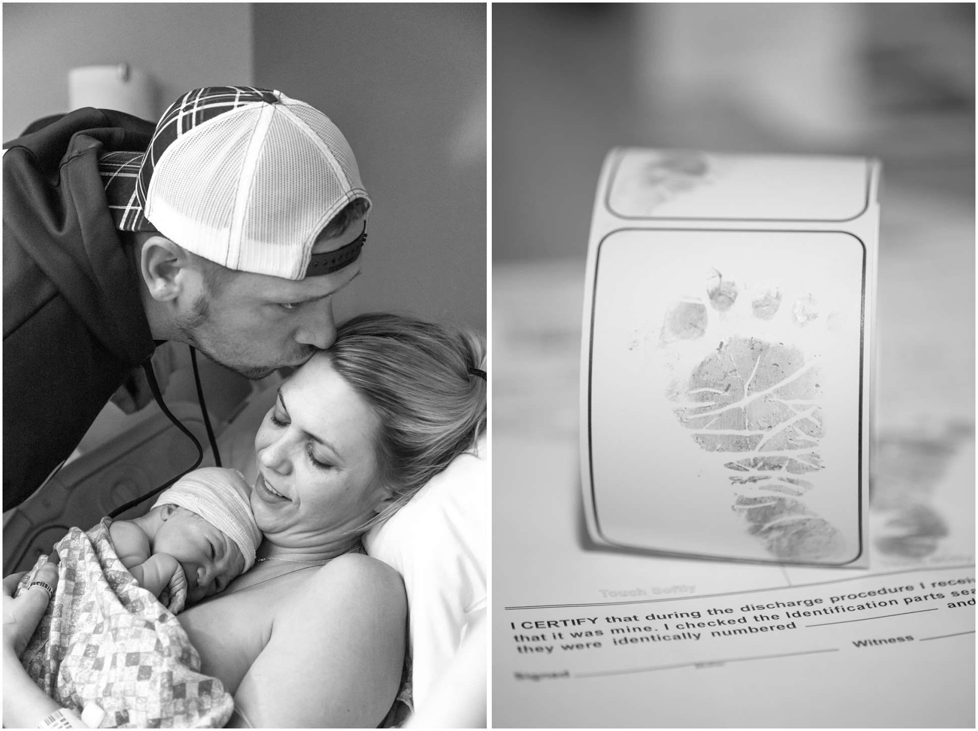 Left: New dad kissing mamma on the forehead while she holds their newborn baby, Right: Baby's first footprint