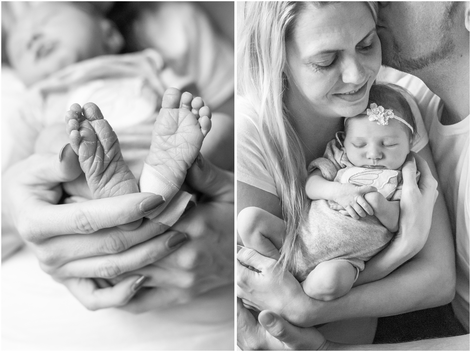 Left: Lily Sage's newborn feet, Right: Rebecca and Scott holding Lily Sage