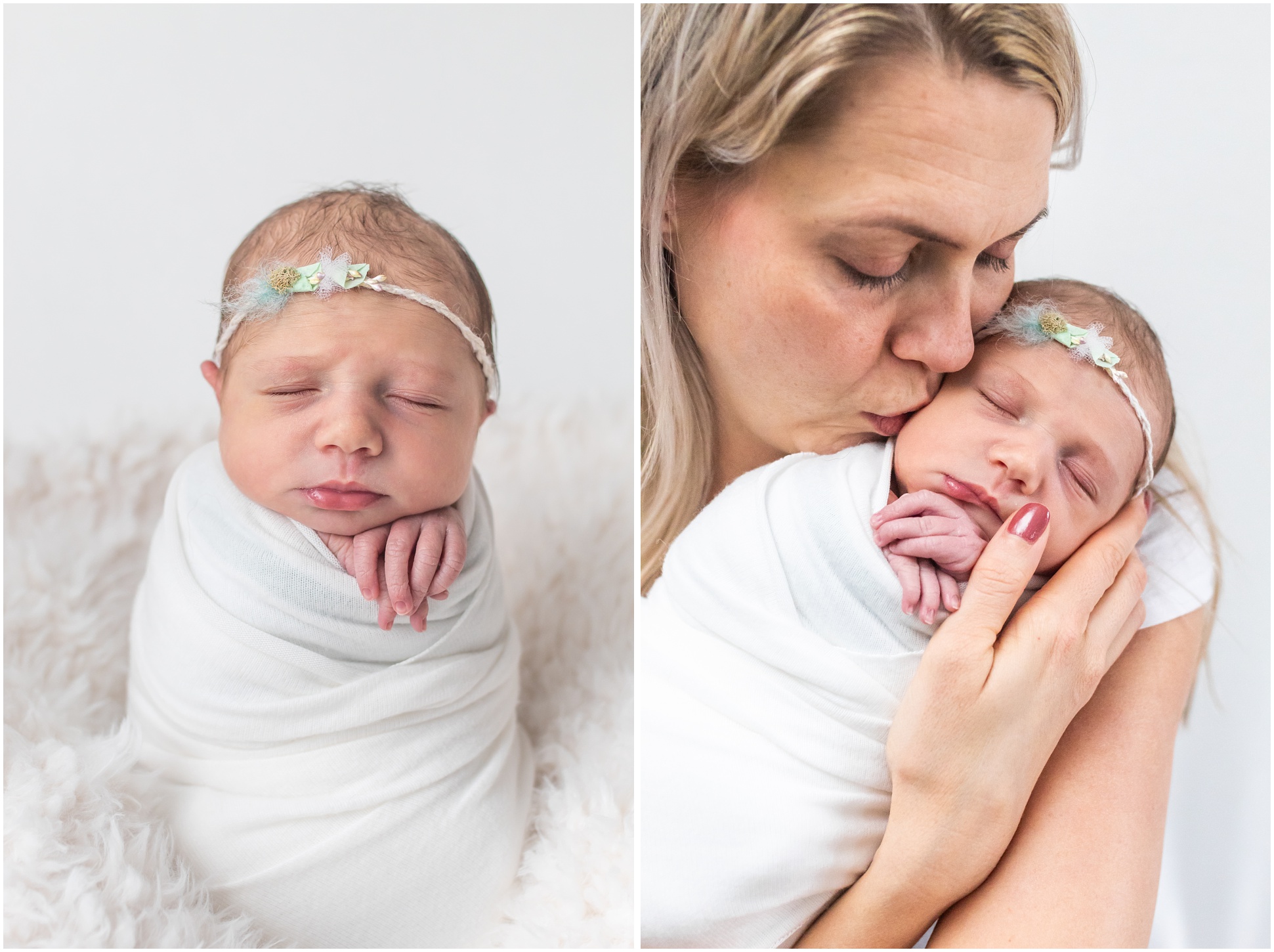 Left: Baby wrapped in a potato sack wrap and a mint green headband, Right: Rebecca holding and kissing Lily