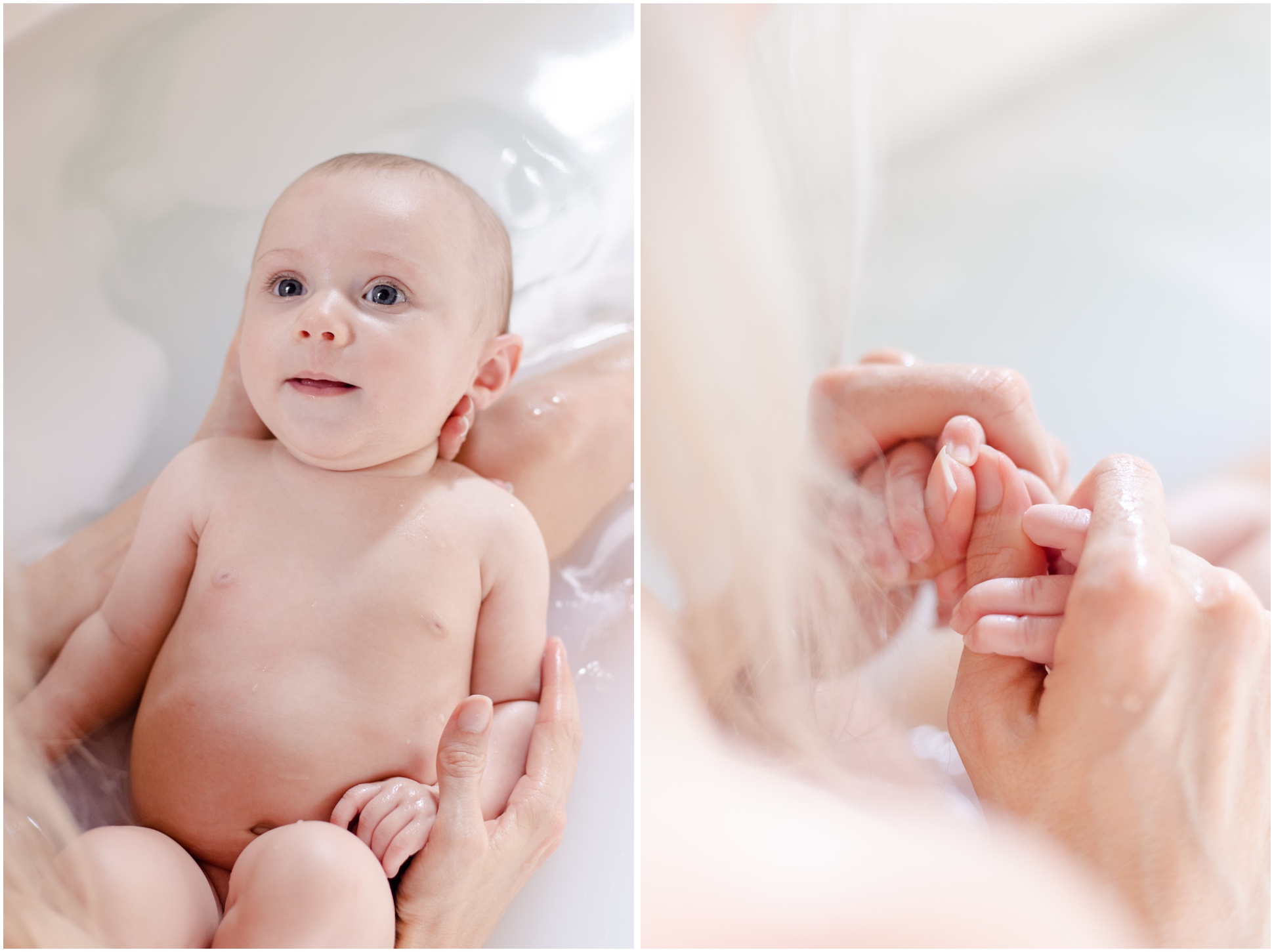 Left Lily in a milk bath, Right, Close up of Rebecca holding Lily's hands in the bathtub