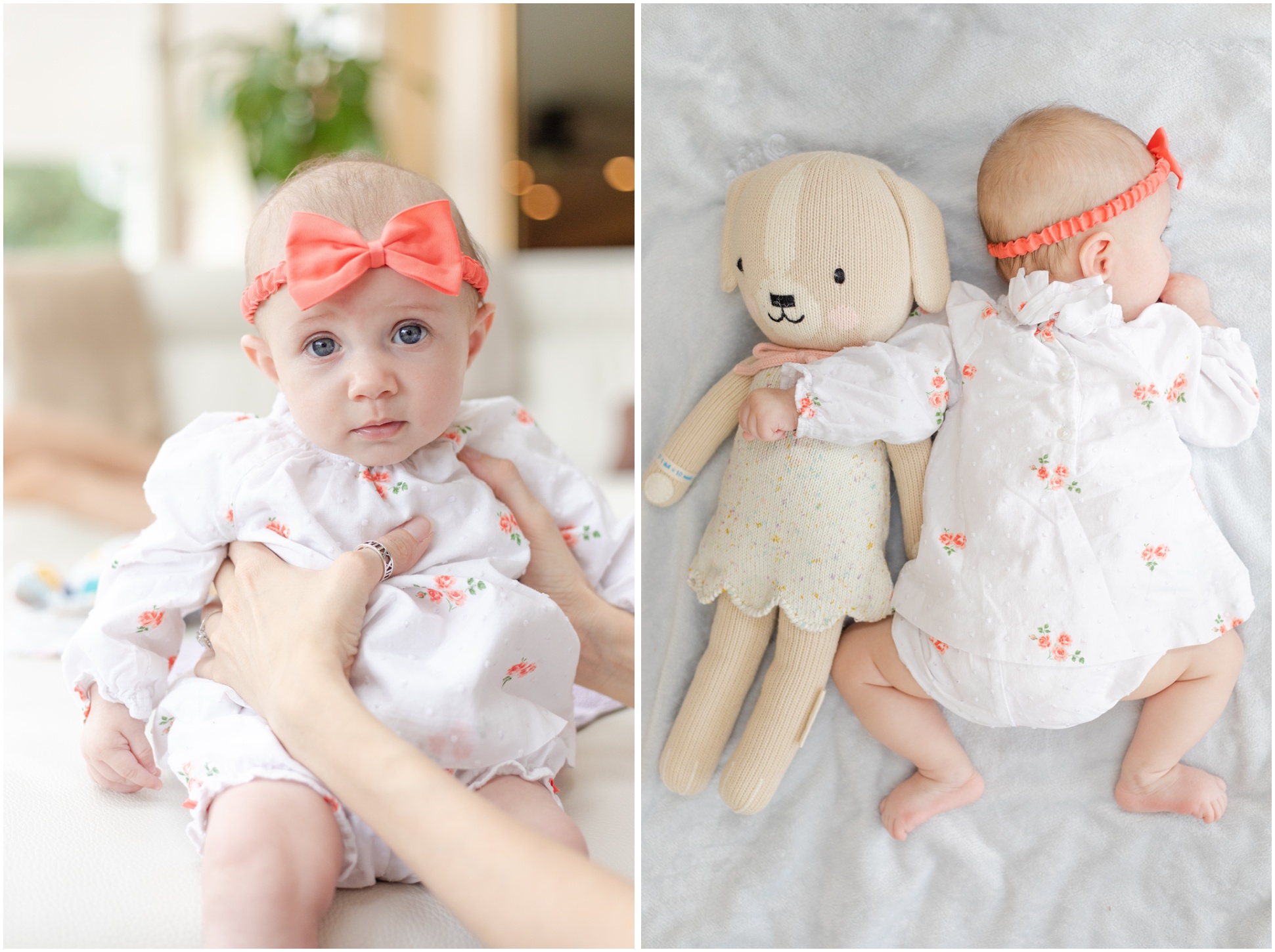 Lily Sage wearing a coral bow and her puppy doll