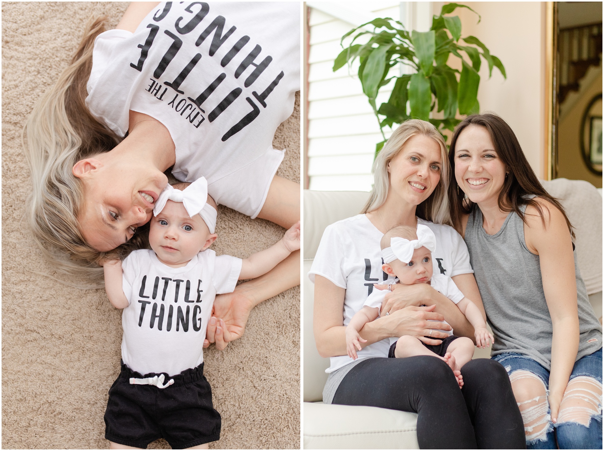 Rebecca and her three month old, Lily wearing matching shirts, Right: Rebecca, Aunt Jes, and baby Lily Sage