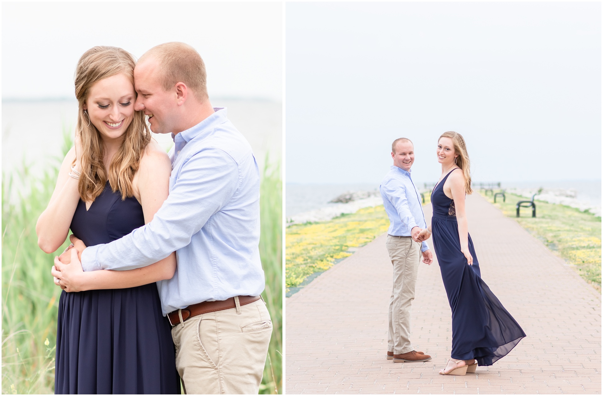 Two Photographs. Left: Man has his arms wrapped around his bride-to-be and his nose is nuzzled into her temple. Right: Man is leading bride-to-be down the pier