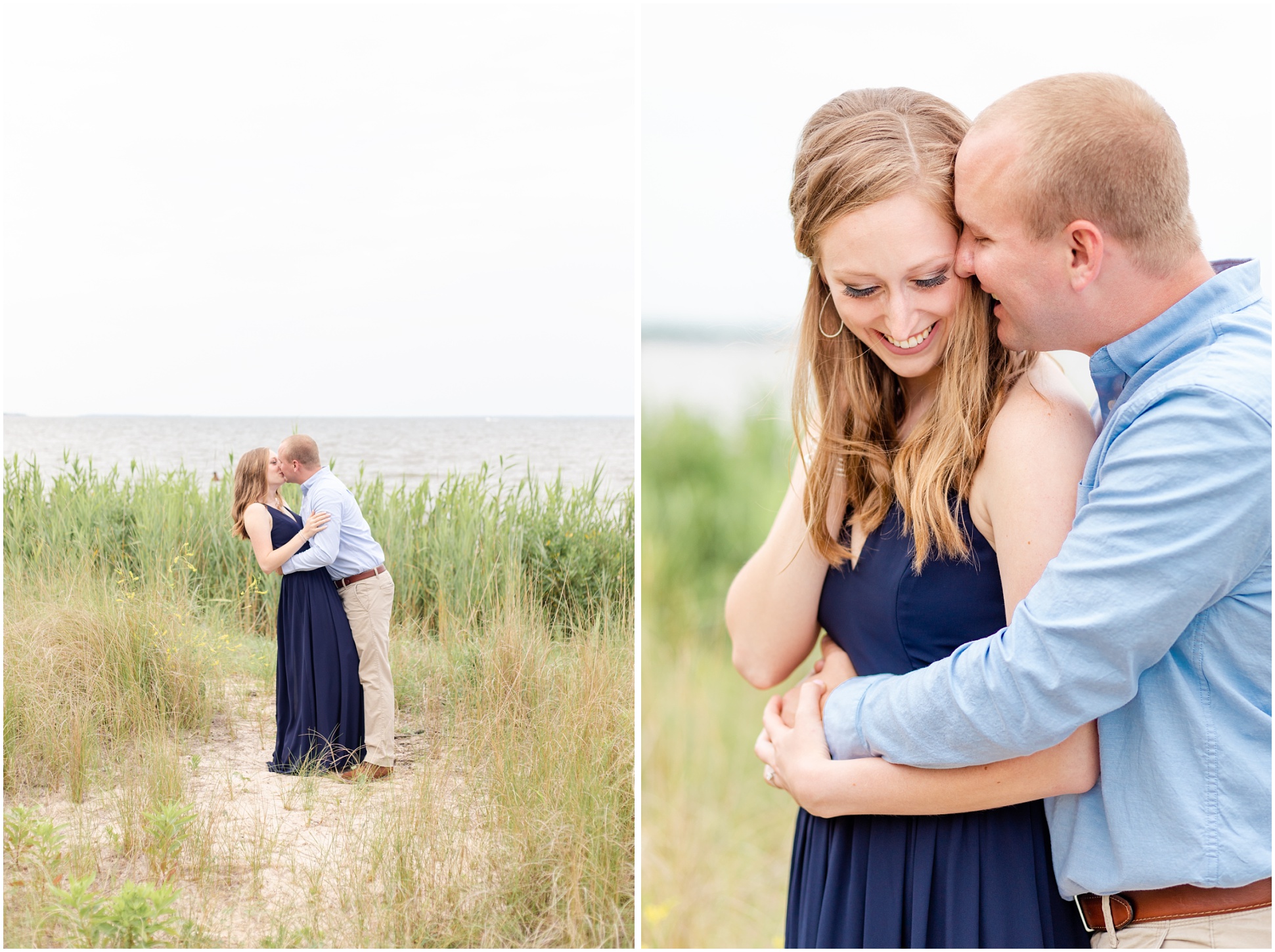 Two Images from Engagement Session at North Point Park. Left, Groom dipping bride to be, right image, groom nuzzling into brides temple and smiling