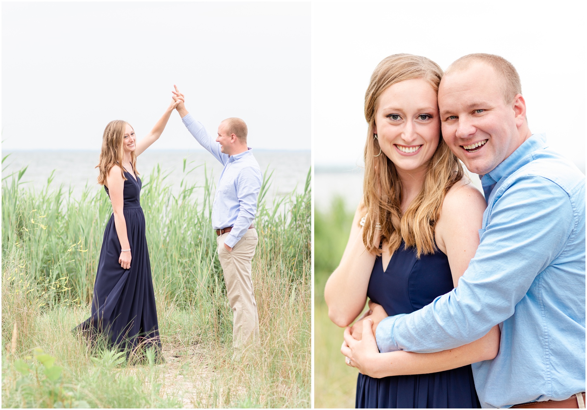 Bride-To-Be Twirling with her groom, right Image: Bride and groom nuzzling together in the tall grasses