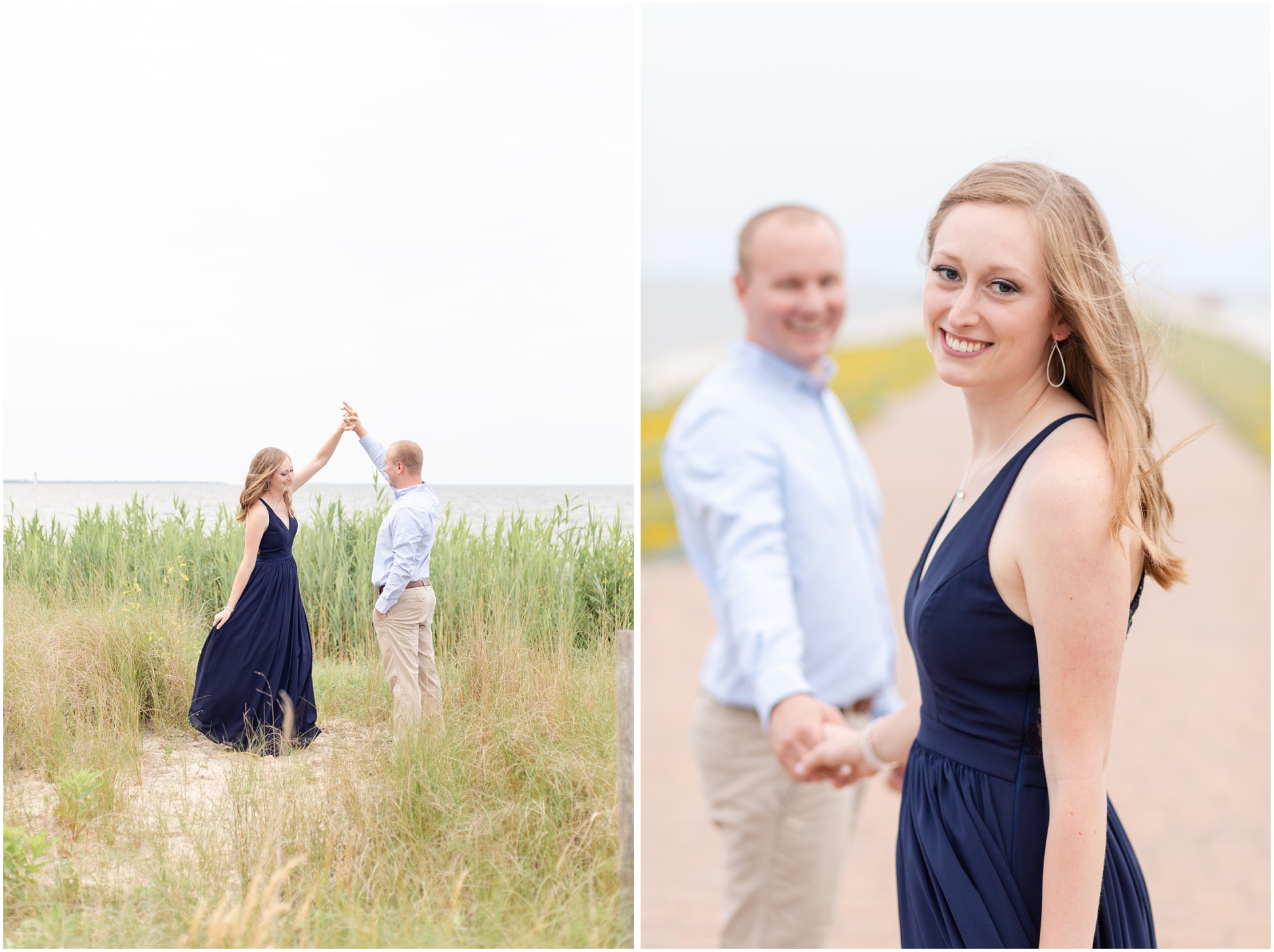 Left Image: Engagement Session, Bride and Groom Twirling in the tall grasses by the water