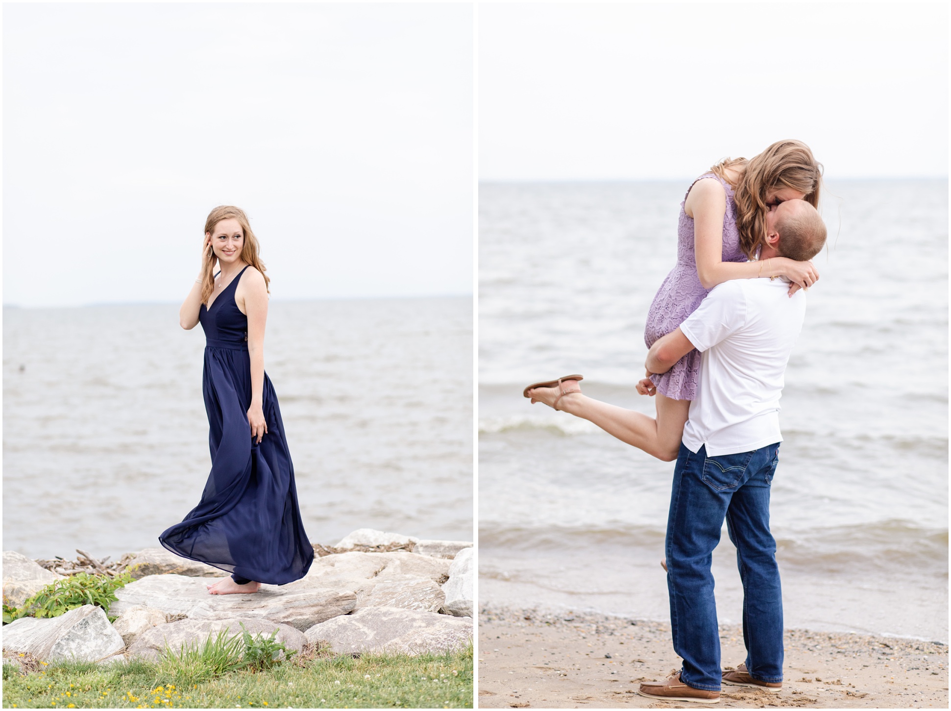 Left: Bride to Be standing on the rocks, Right Image: Groom lifting bride up and kissing her