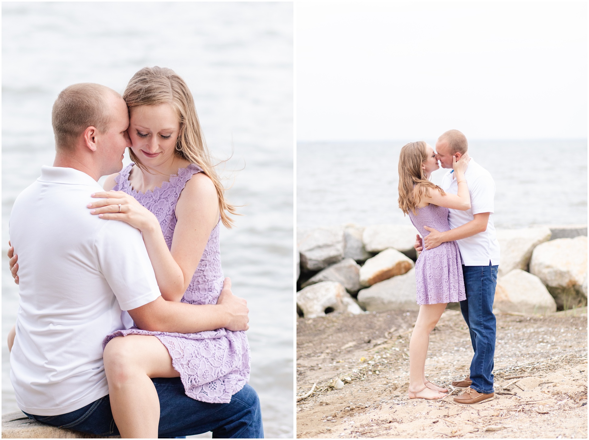 Bride and Groom Snuggling on the shore of north point park in Maryland. Bride wearing lavender dress, groom wearing blue jeans and white polo shirt