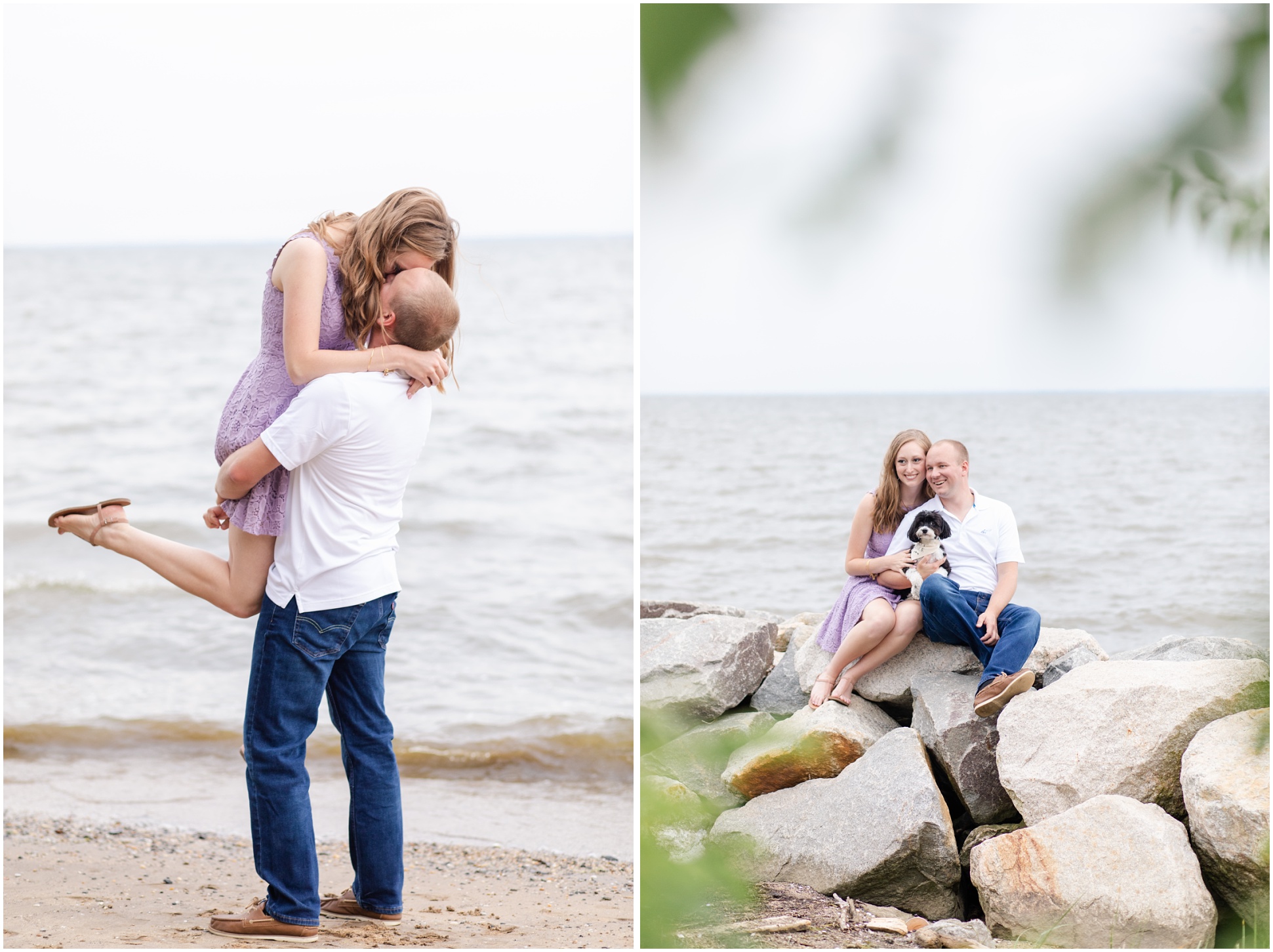 Left Image: Groom lifting bride and kissing her, Right Image: Bride and groom sitting on the rocks with their dog