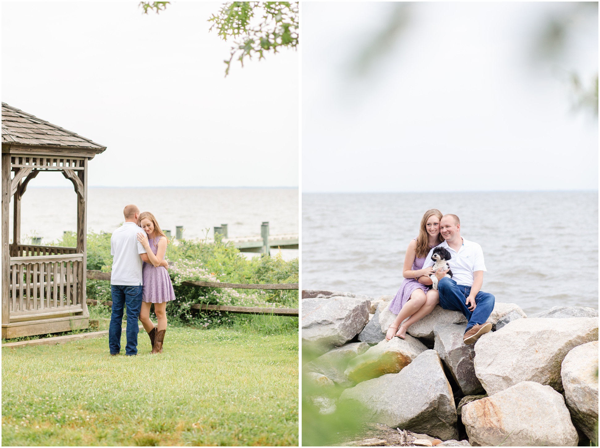 Engagement Session in Lavendar lace dress on the shore.