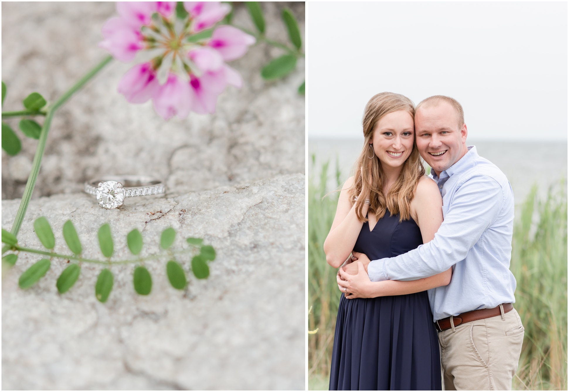 Left Image: Oval Engagement Ring with greenery, Right Image: Groom and Bride Smiling at Camera