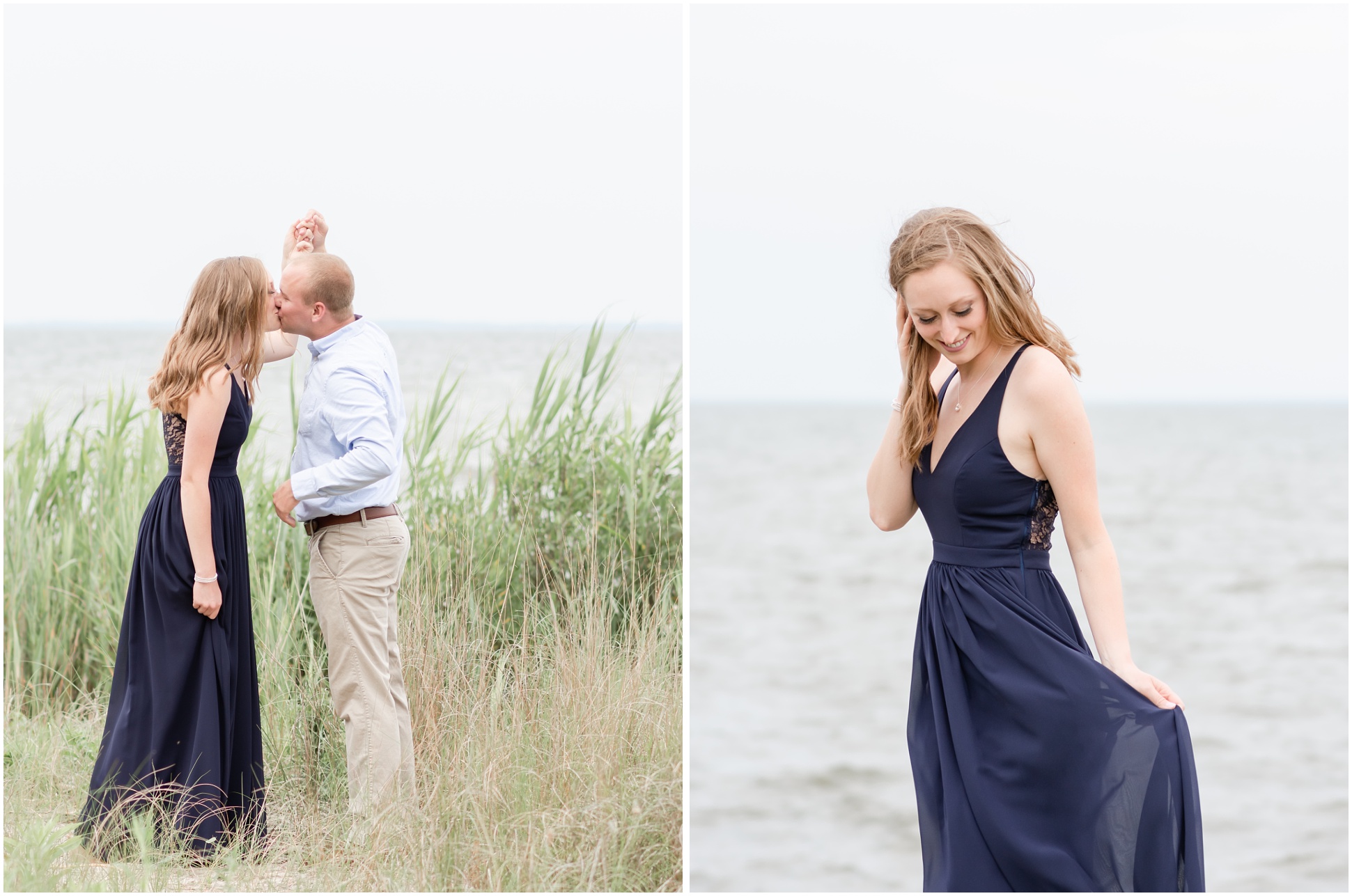 Left Image: Sara leaning in to kiss Will after twirling, Right Image: Sara wearing blue gown at the water.