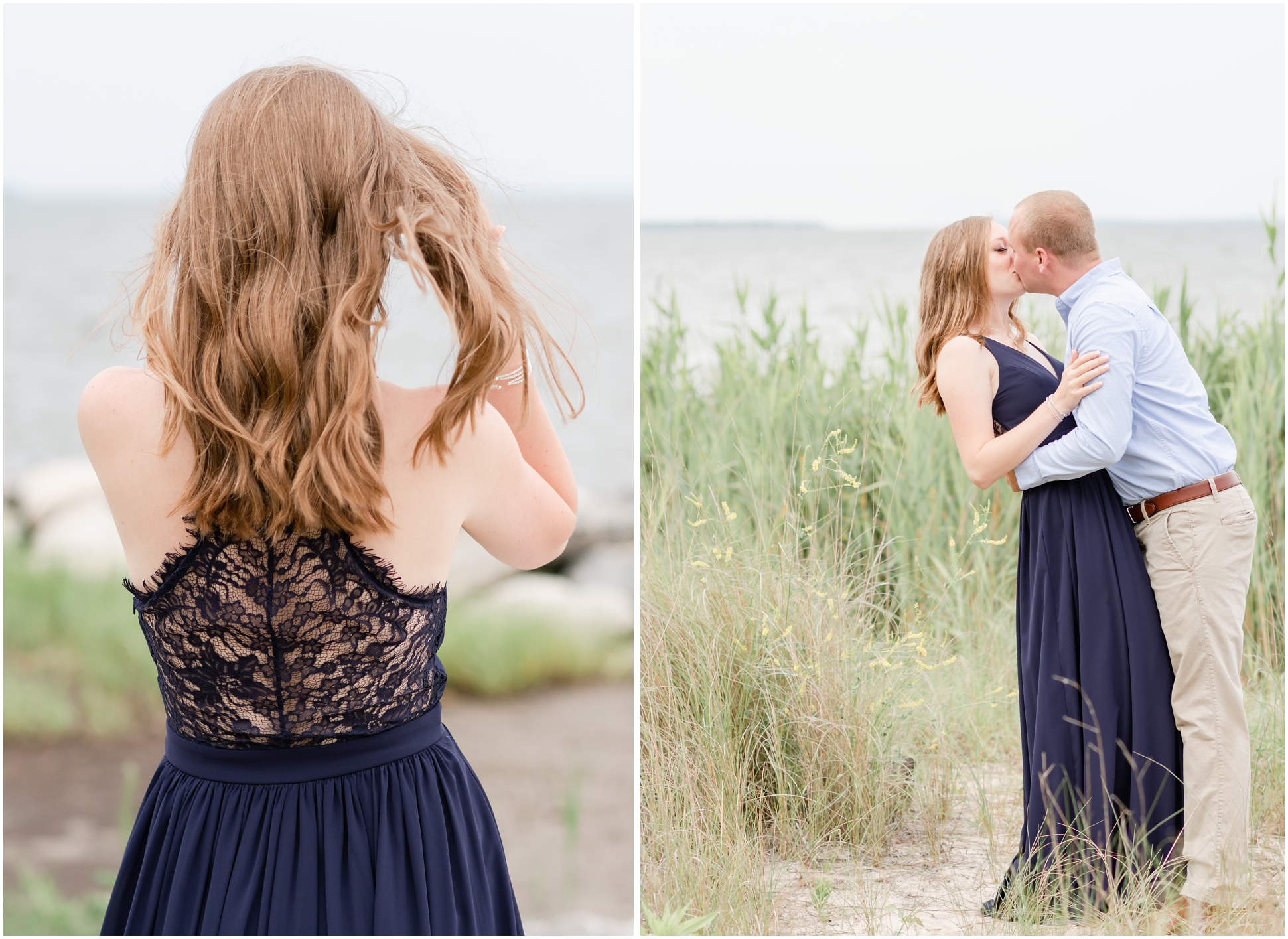 Left Image: Sarah wearing a navy blue gown with a lace open back, hair blowing in the wind. Right Image: Will and Sara kissing