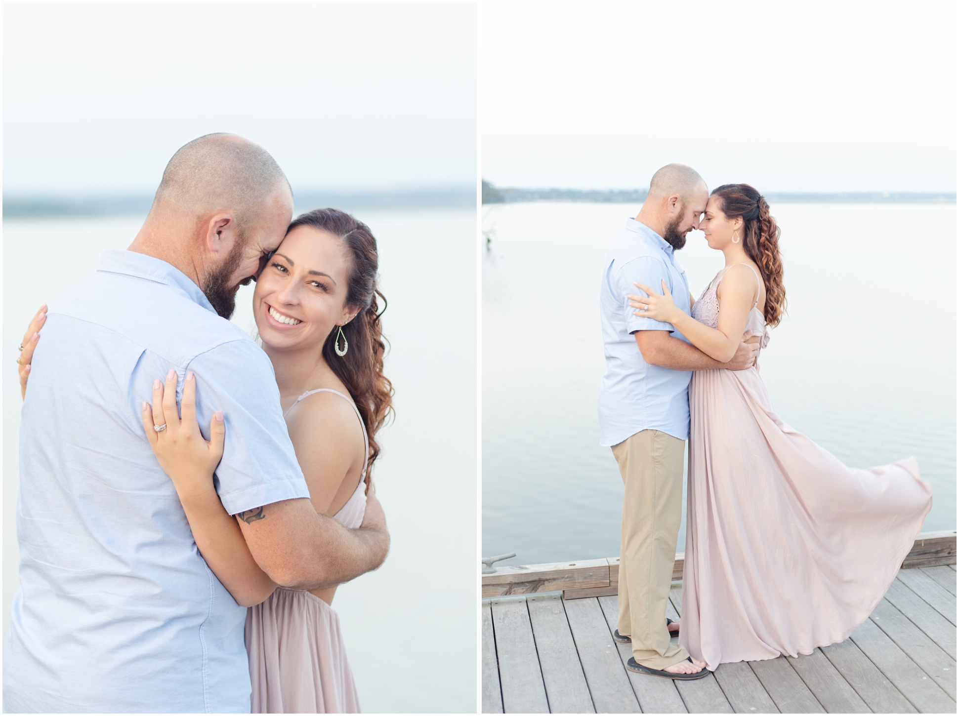 Two images of bride and groom on the water at Swan Harbor Farm