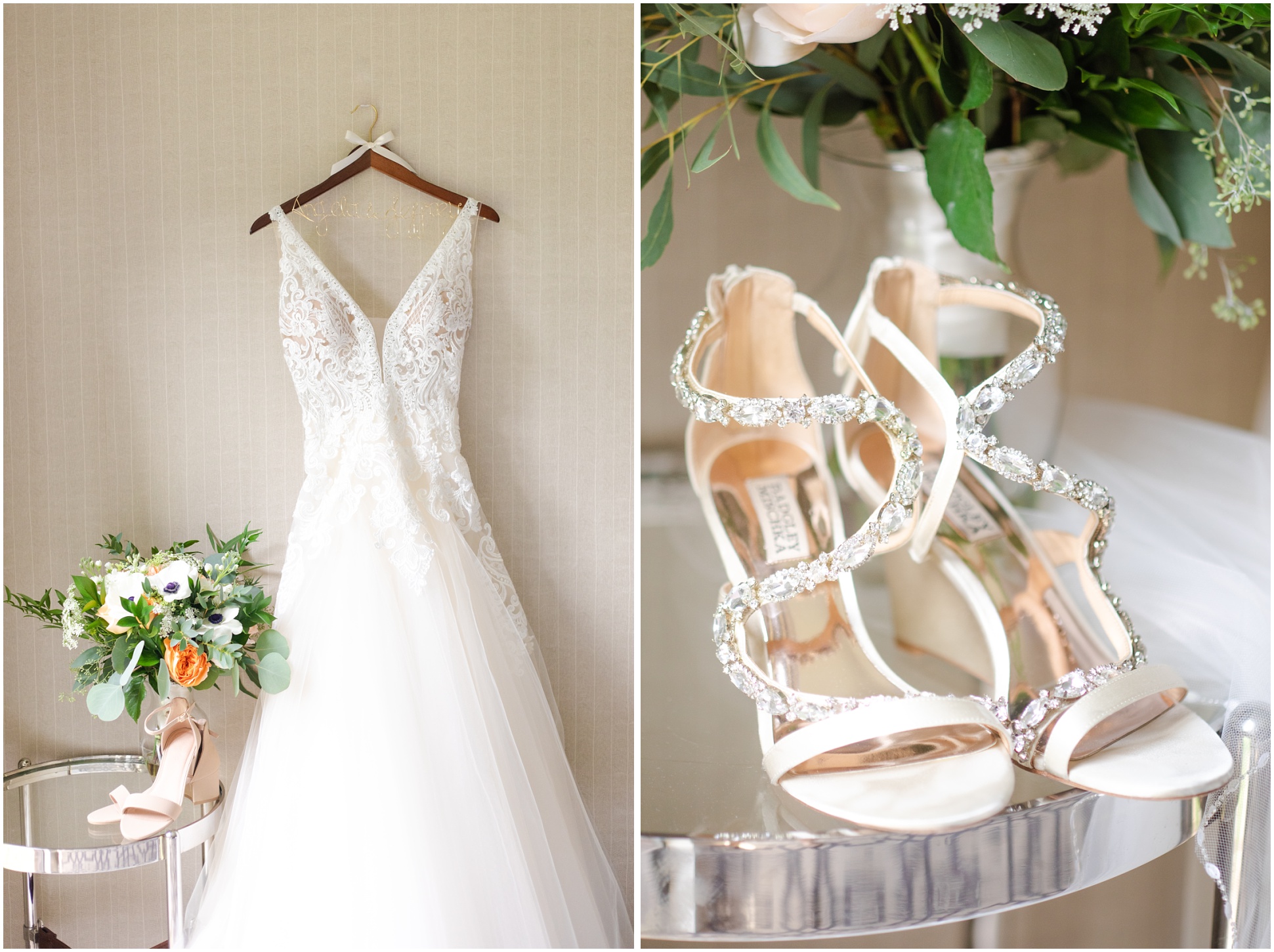 Left: Dress hanging with bouquet on a table, right: brides wedding shoes
