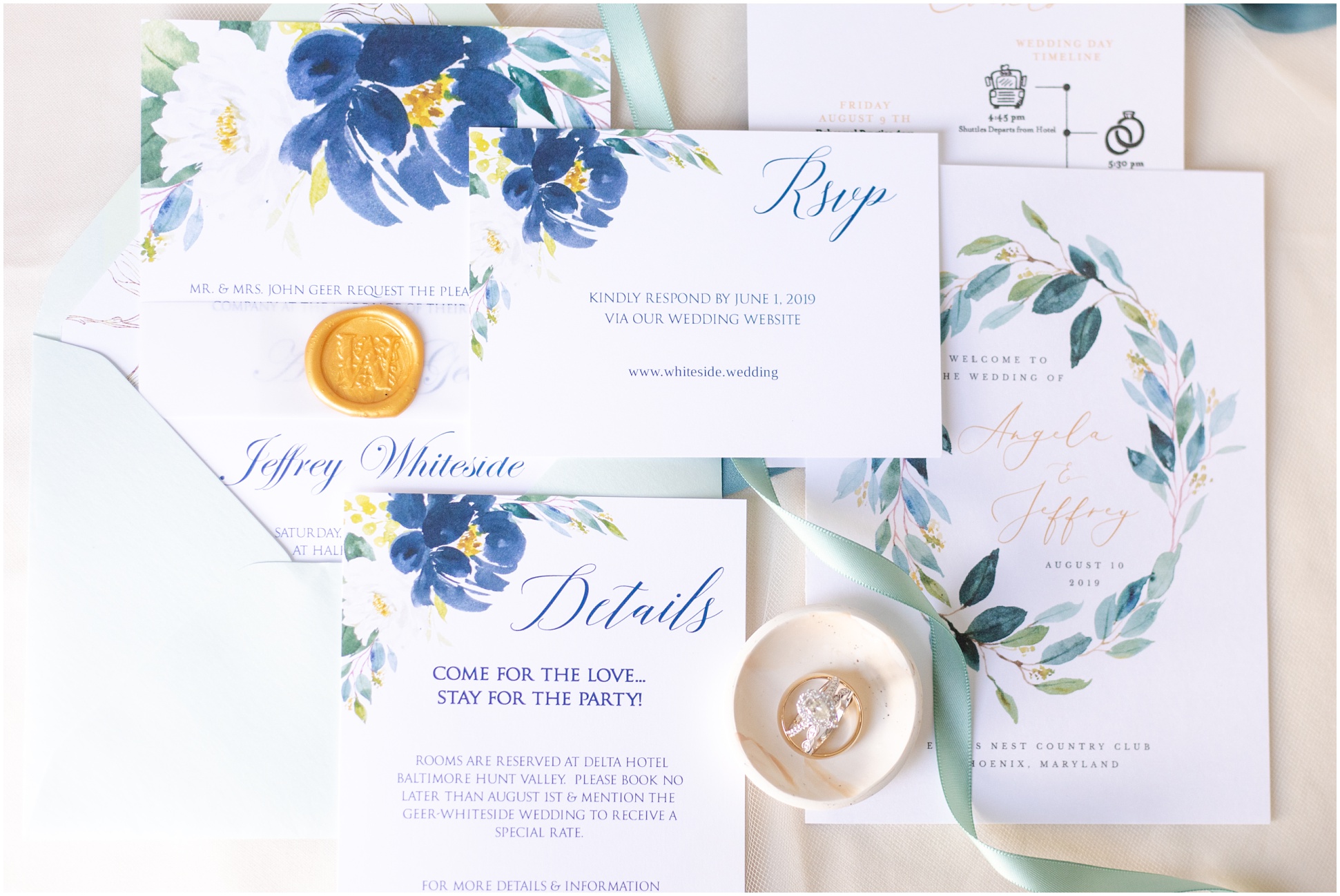 Flat Lay of Invitation Suite with blue water color flowers painted 