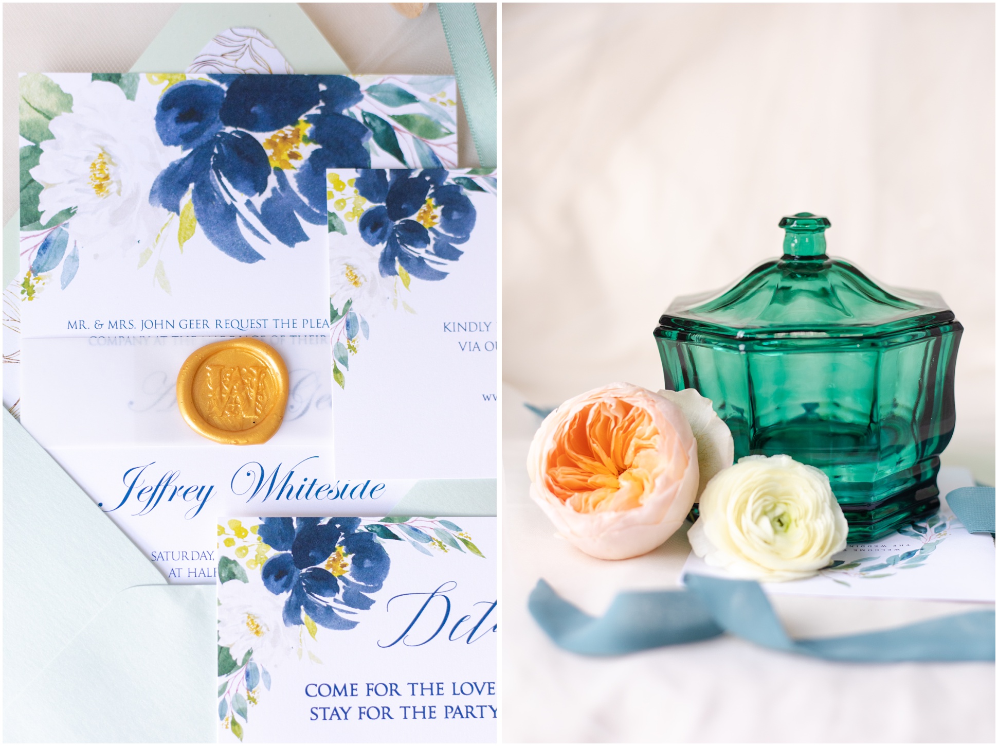 Left: Invitation Suite, Right: Bouquet florals and a teal jar