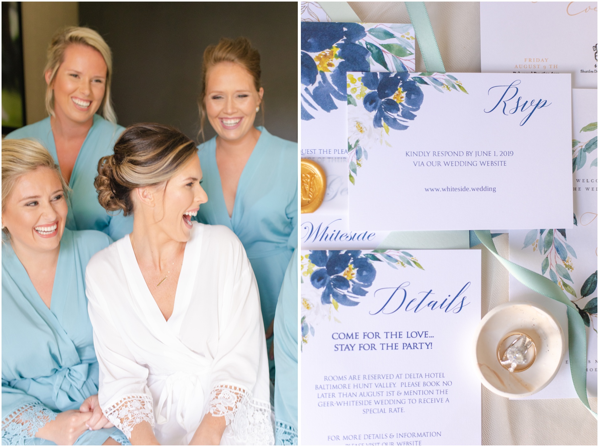 Bride laughing on the left, and invitation suite on the right