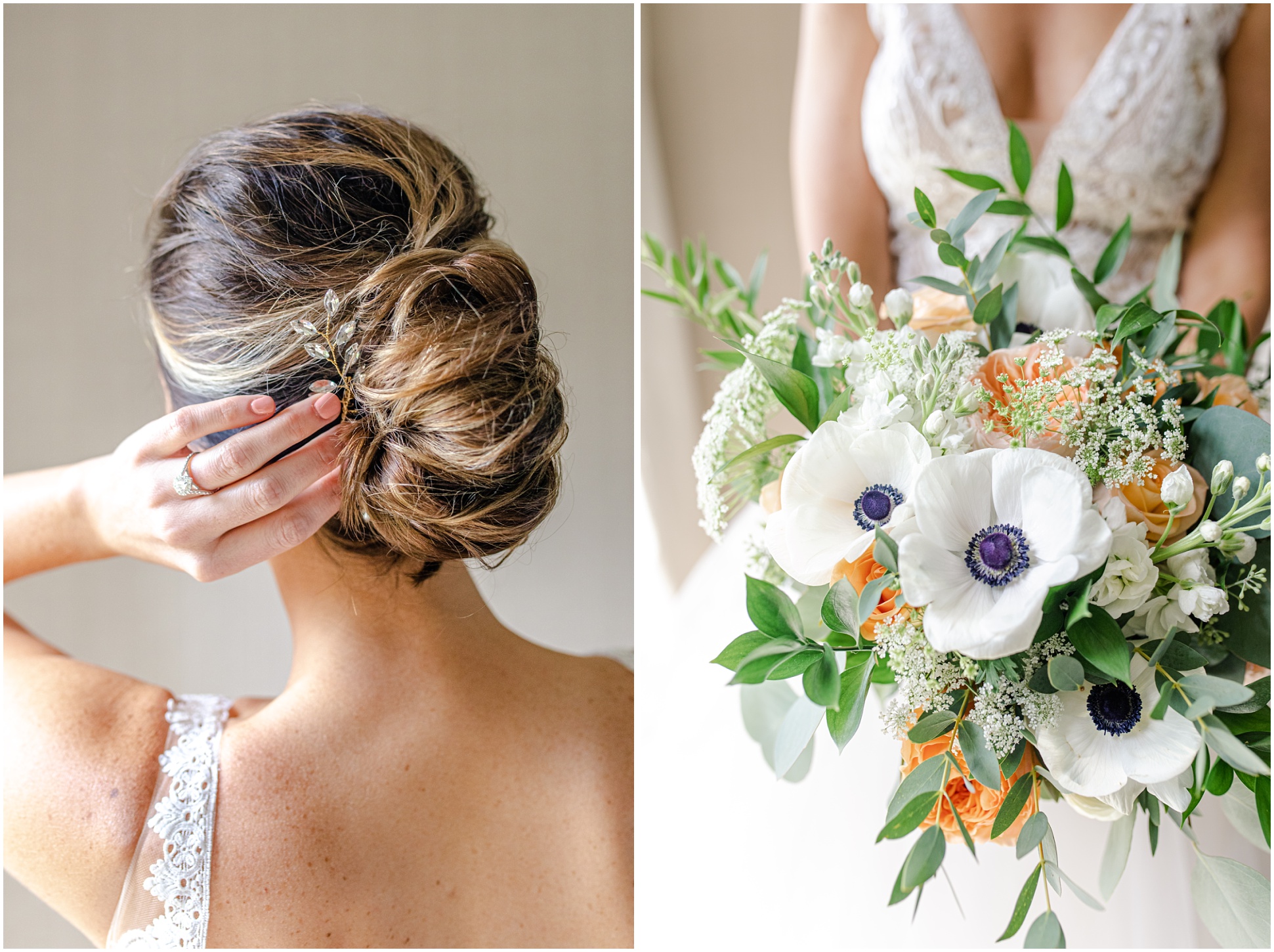 Left: bride putting in hair piece, Right: Bride holding bouquet