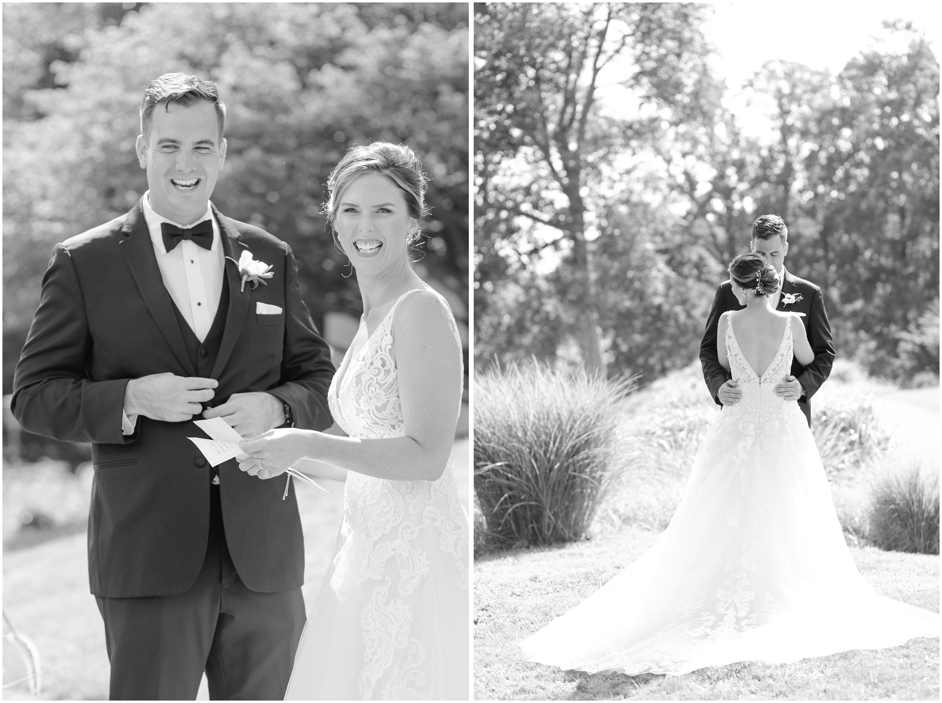 Two black and white portraits of bride and groom at Eagles Nest Country Club