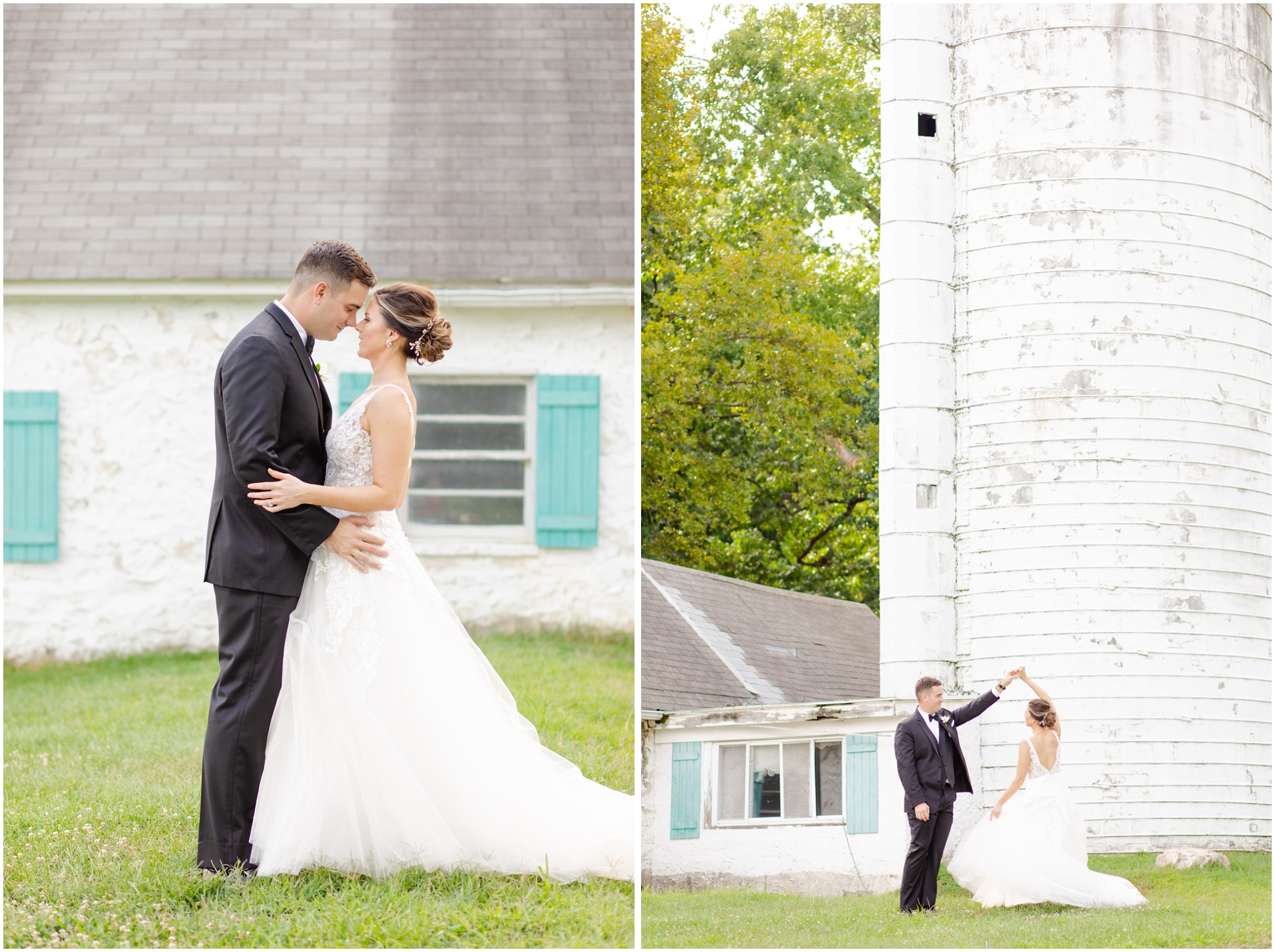 Two images of the bride and groom on the golf green of Eagles Nest Country Club
