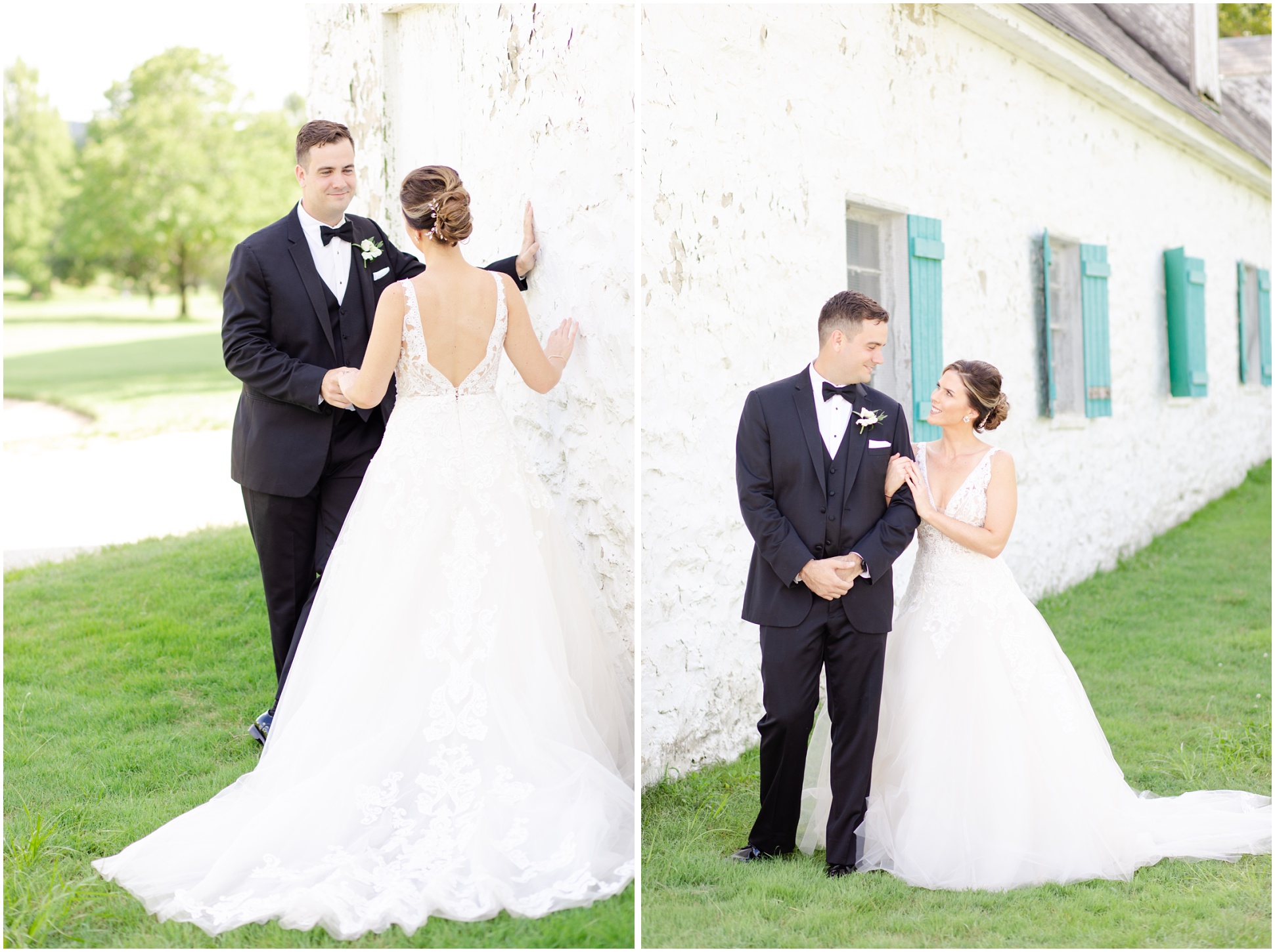 Two images of bride and groom standing next to the barn on Eagles Nest Country Club