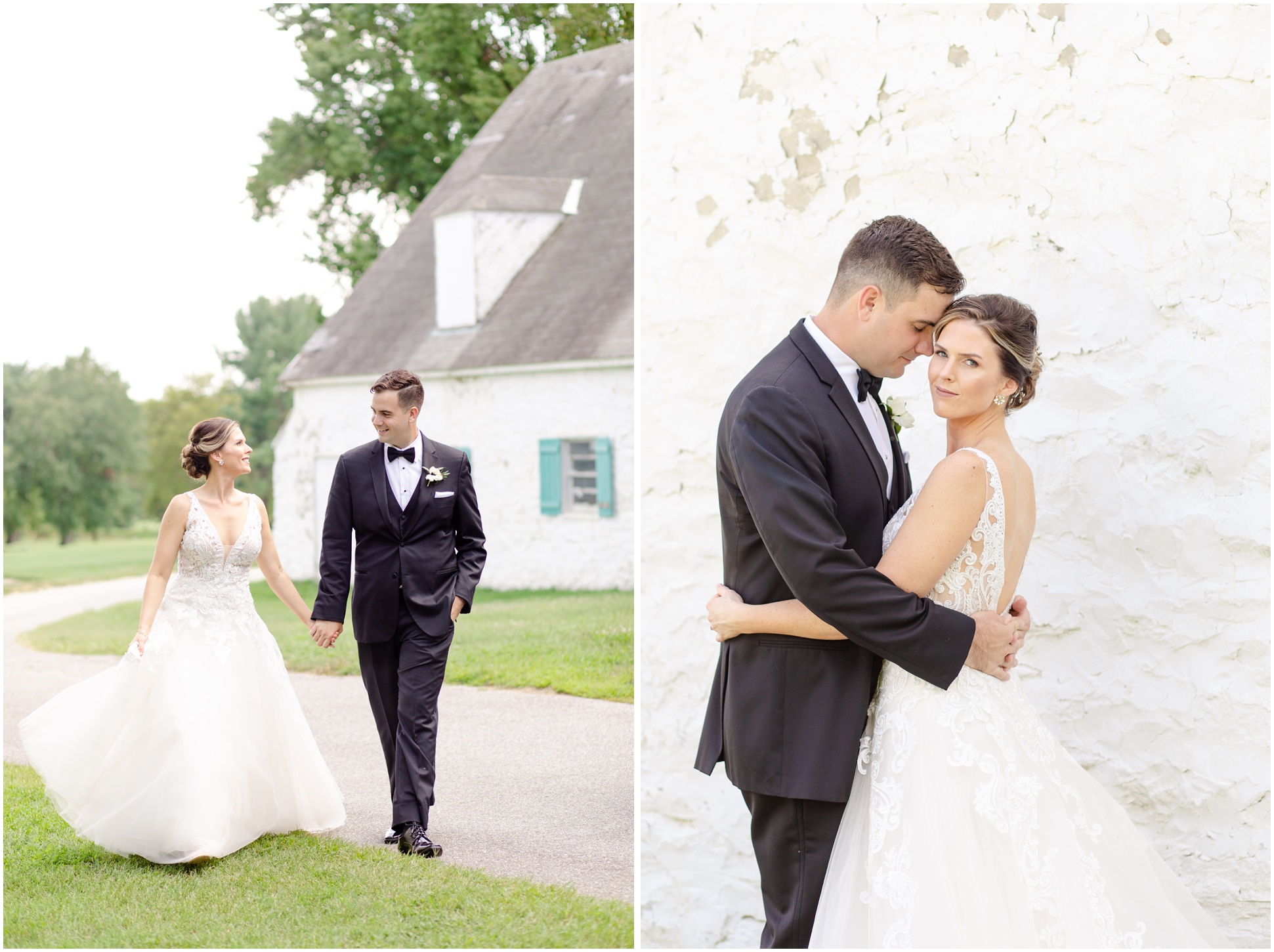 Two images of the bride and groom on the golf course