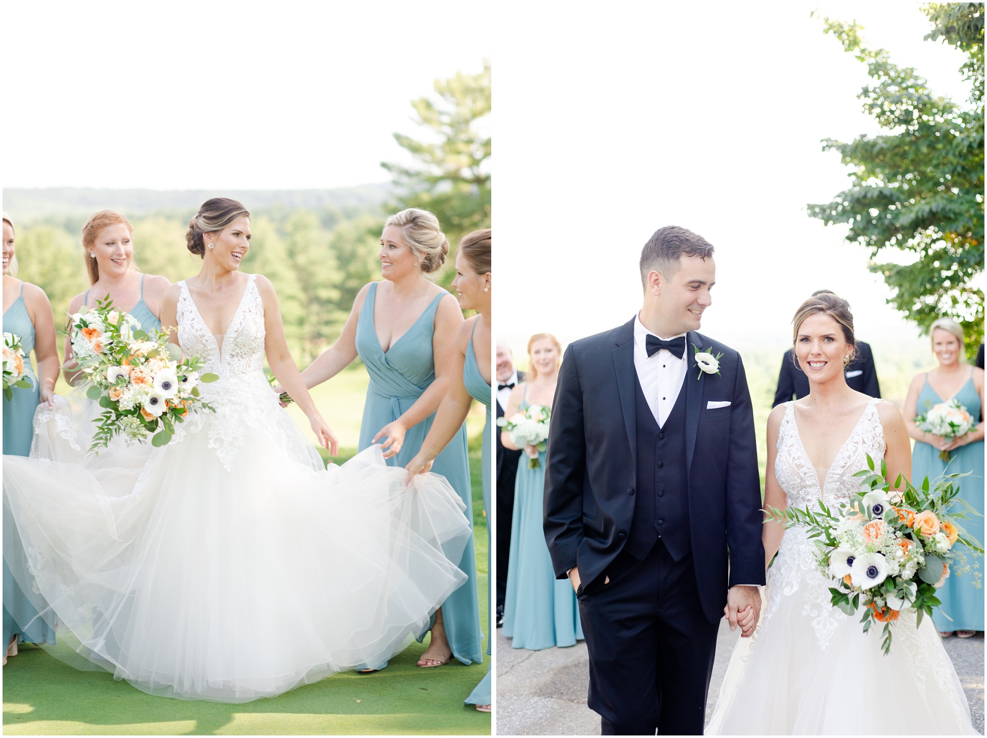 Left: Bride with her bridesmaids, Right: Bride and groom walking in front of the bridal party