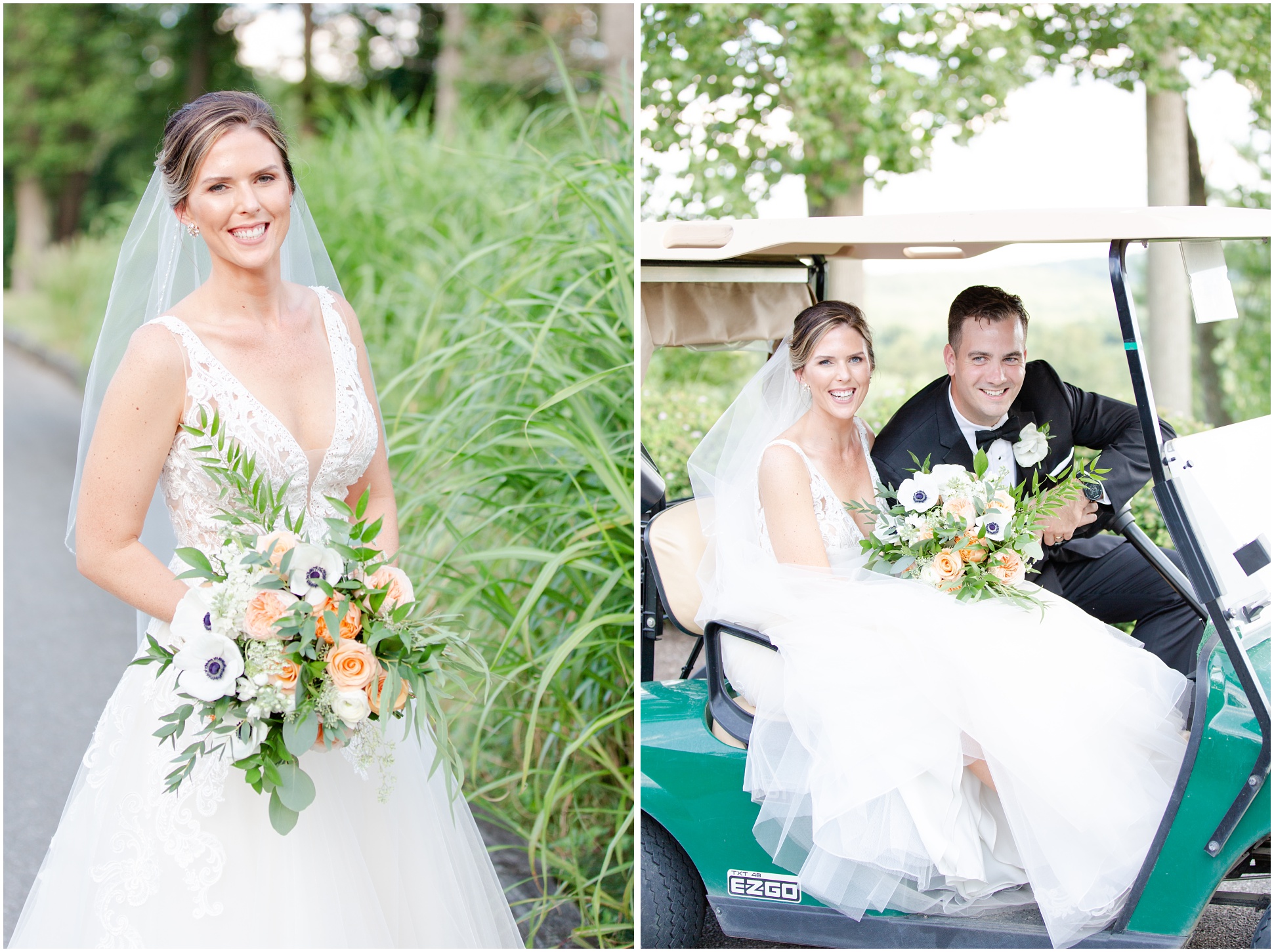 Left: Bride portrait, Right: Bride and groom on the golf cart at Eagles Nest Country Club
