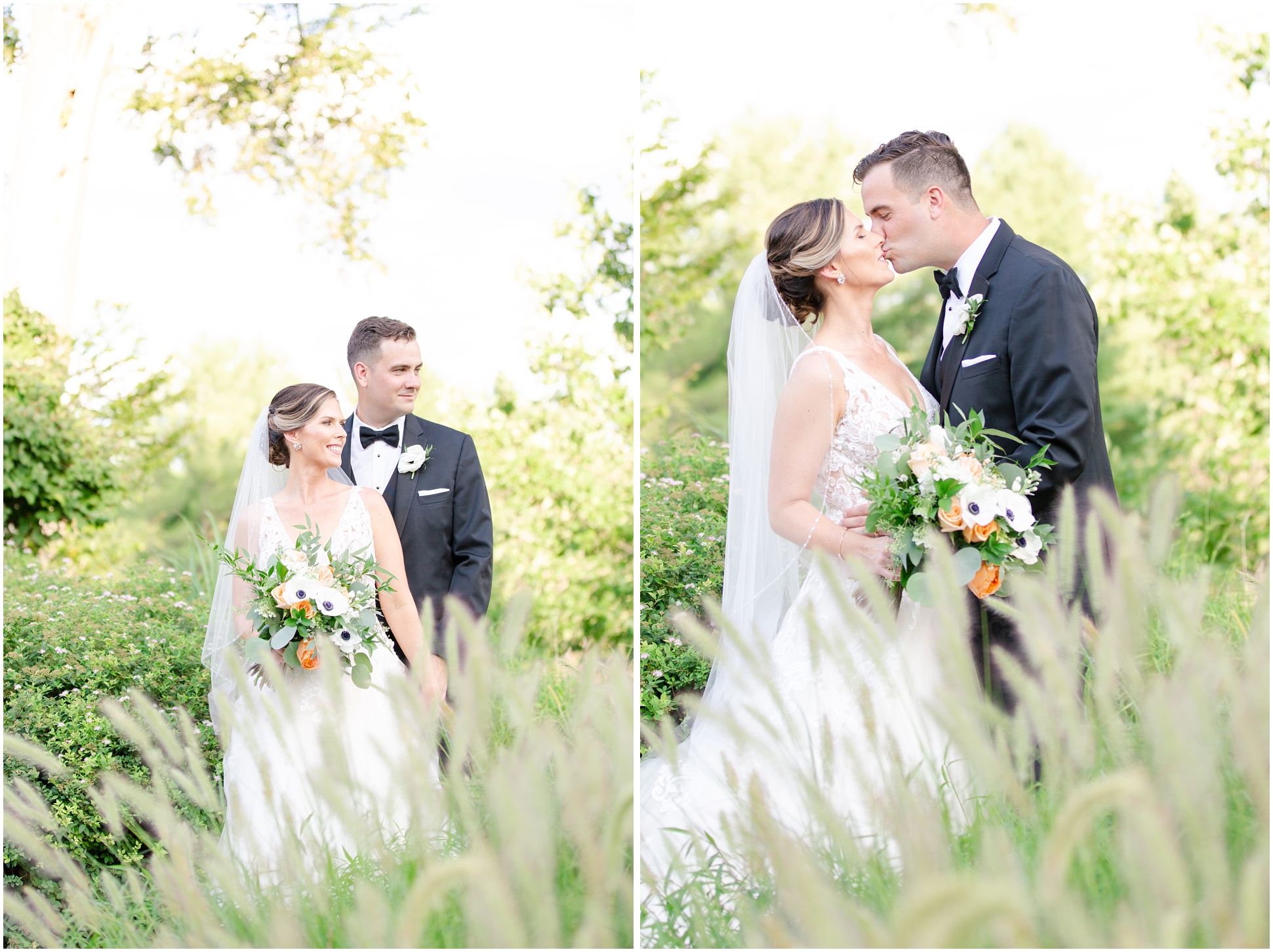 Two images of Angela and Jeff behind the cattails