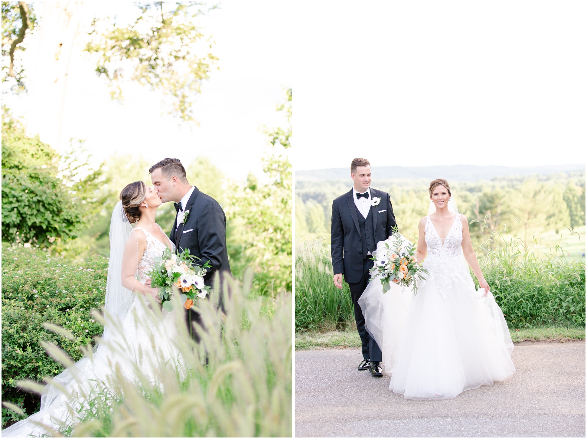 Two images of bride and groom at the golf course